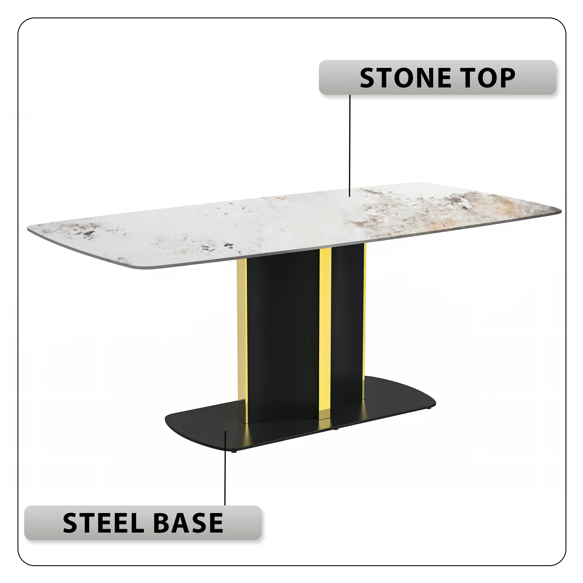 Sylva Series Modern Dining Table Black and Gold Base, With 71" White Grey Sintered Stone Top