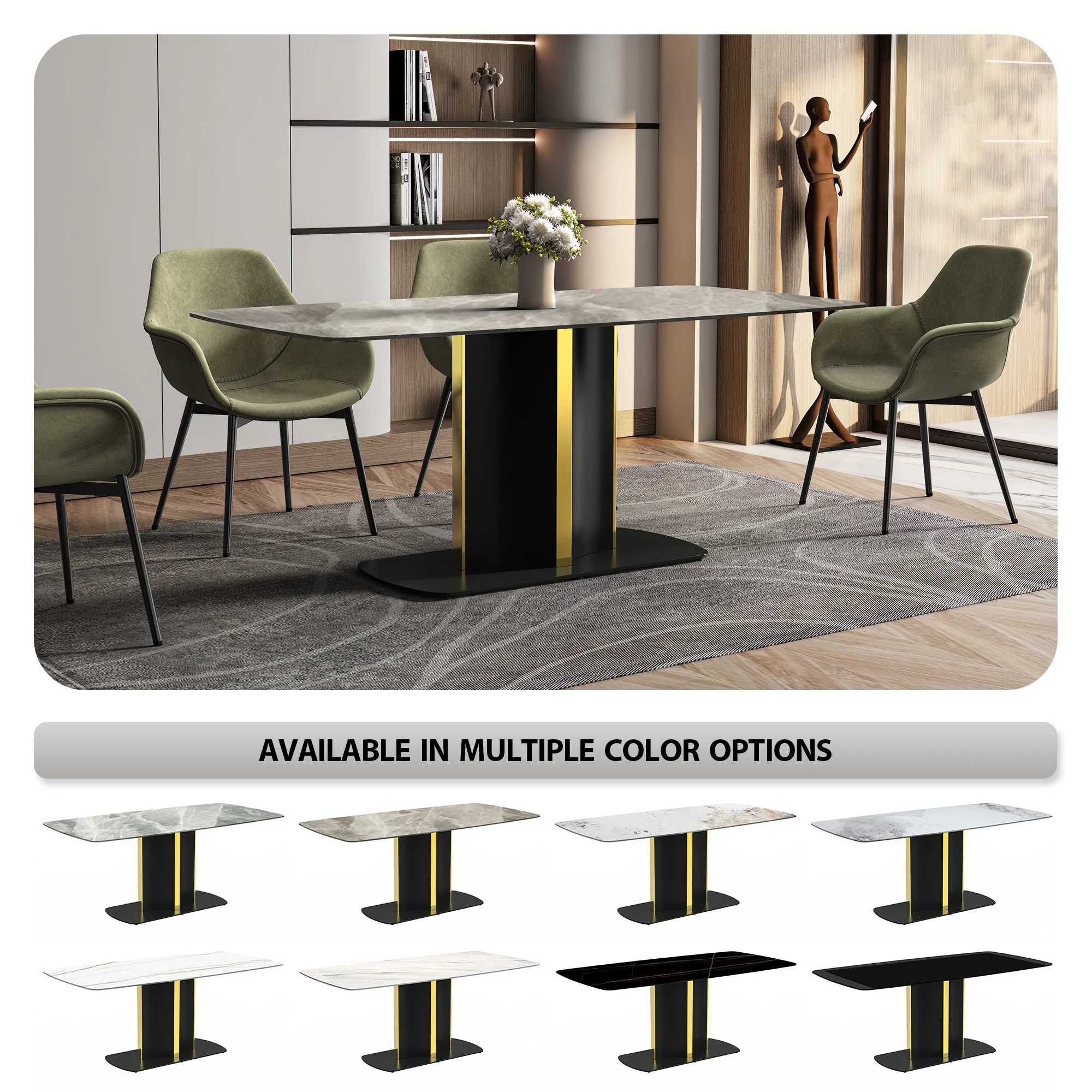 Sylva Series Modern Dining Table Black and Gold Base, With 71" Deep Grey Sintered Stone Top