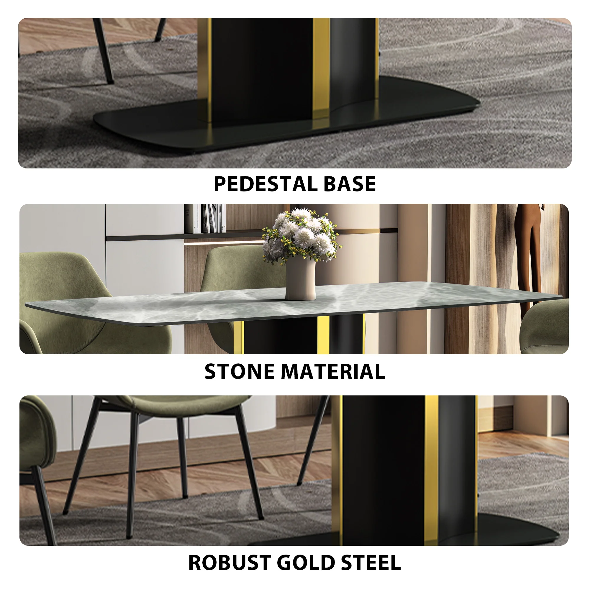 Sylva Series Modern Dining Table Black and Gold Base, With 71" Light Grey Sintered Stone Top