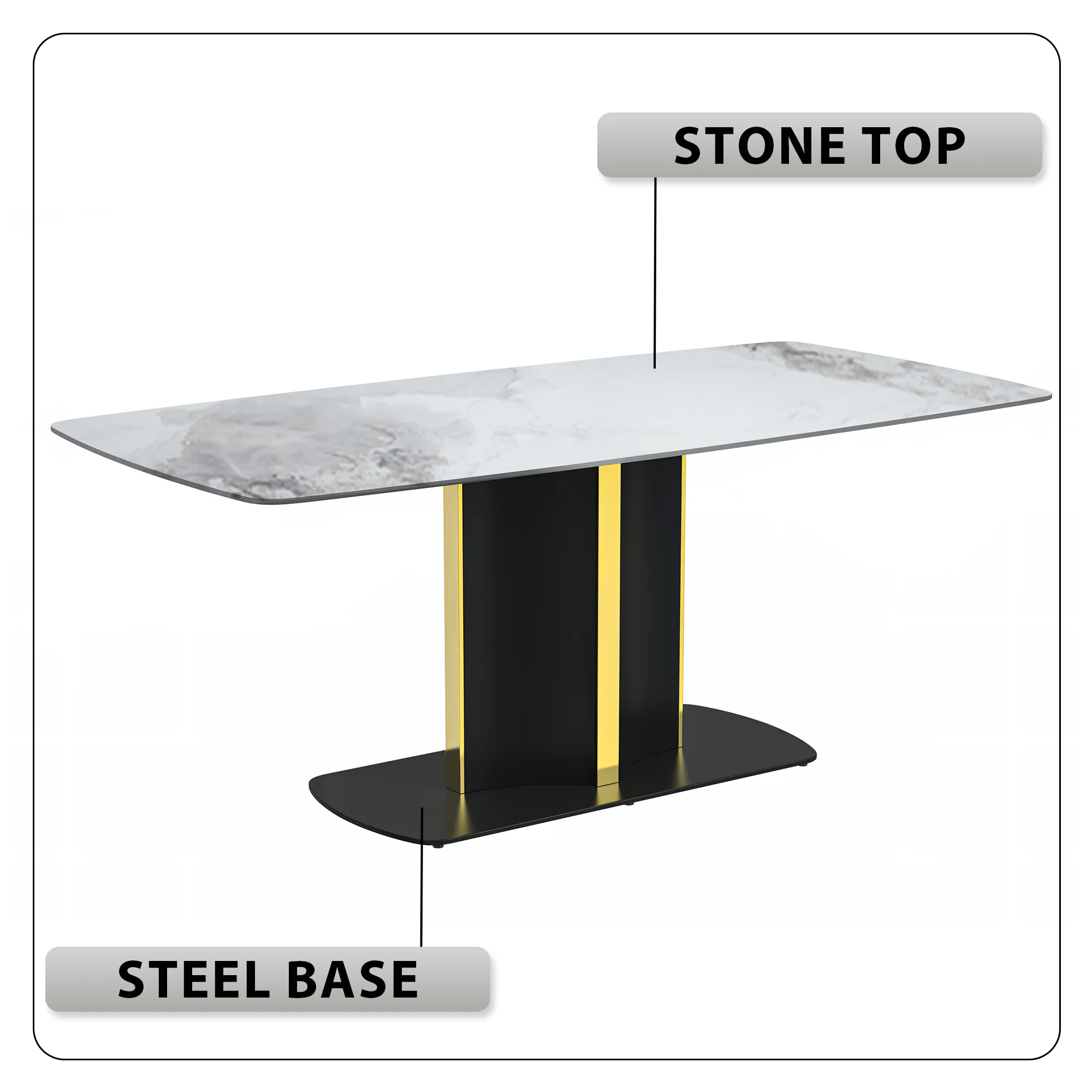 Sylva Series Modern Dining Table Black and Gold Base, With 71" Medium Grey Sintered Stone Top