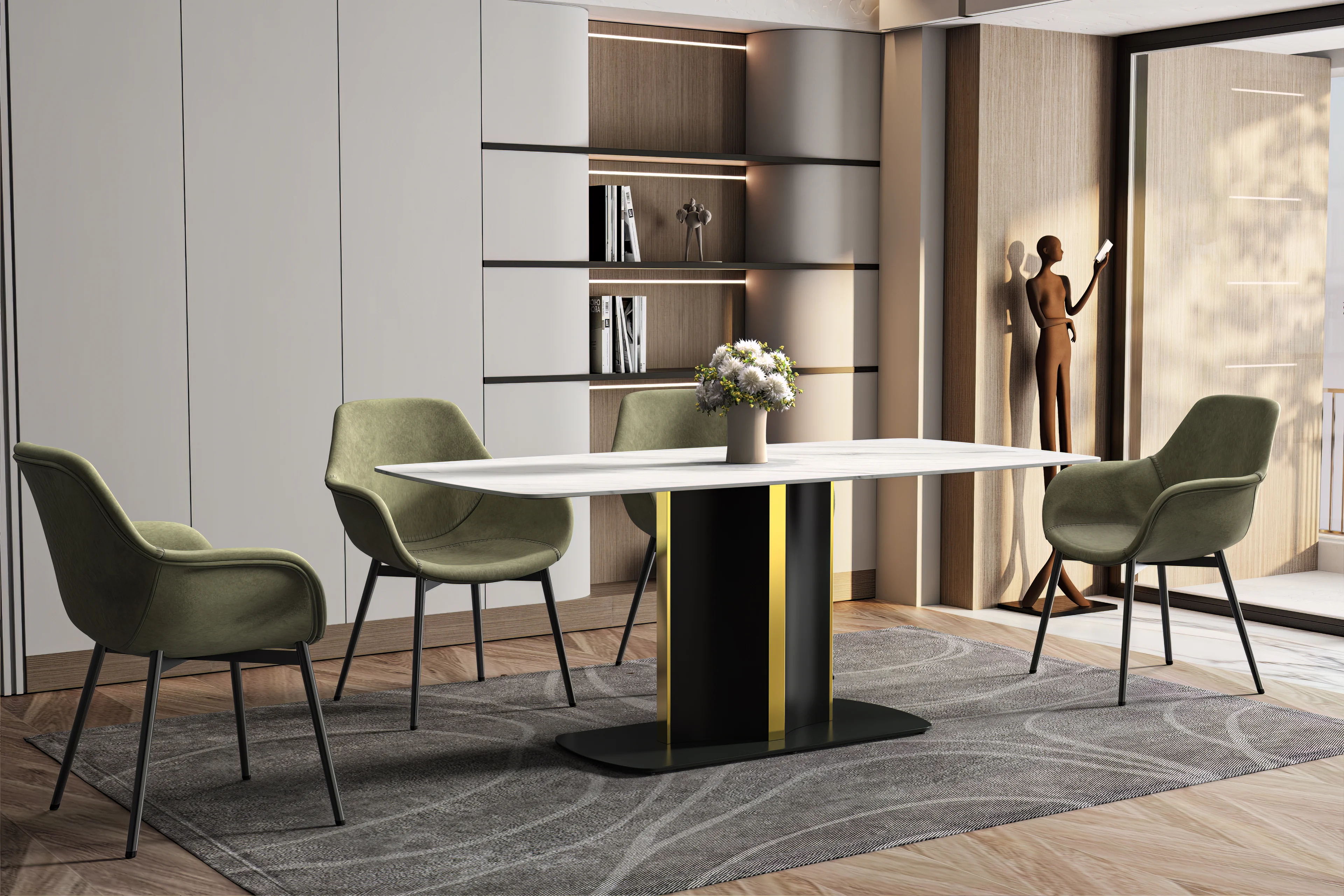 Sylva Series Modern Dining Table Black and Gold Base, With 71" White Sintered Stone Top