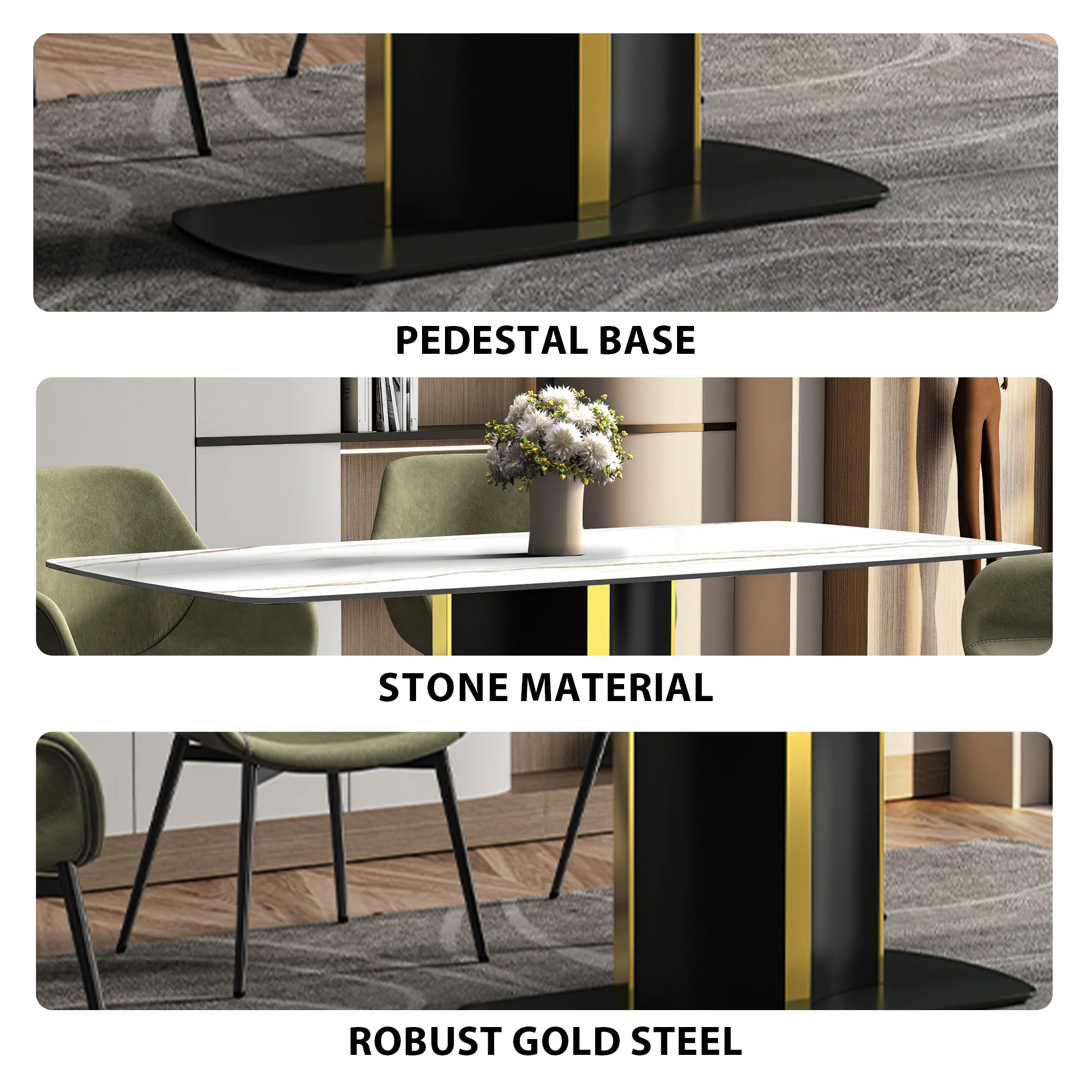 Sylva Series Modern Dining Table Black and Gold Base, With 71" White/Gold Sintered Stone Top
