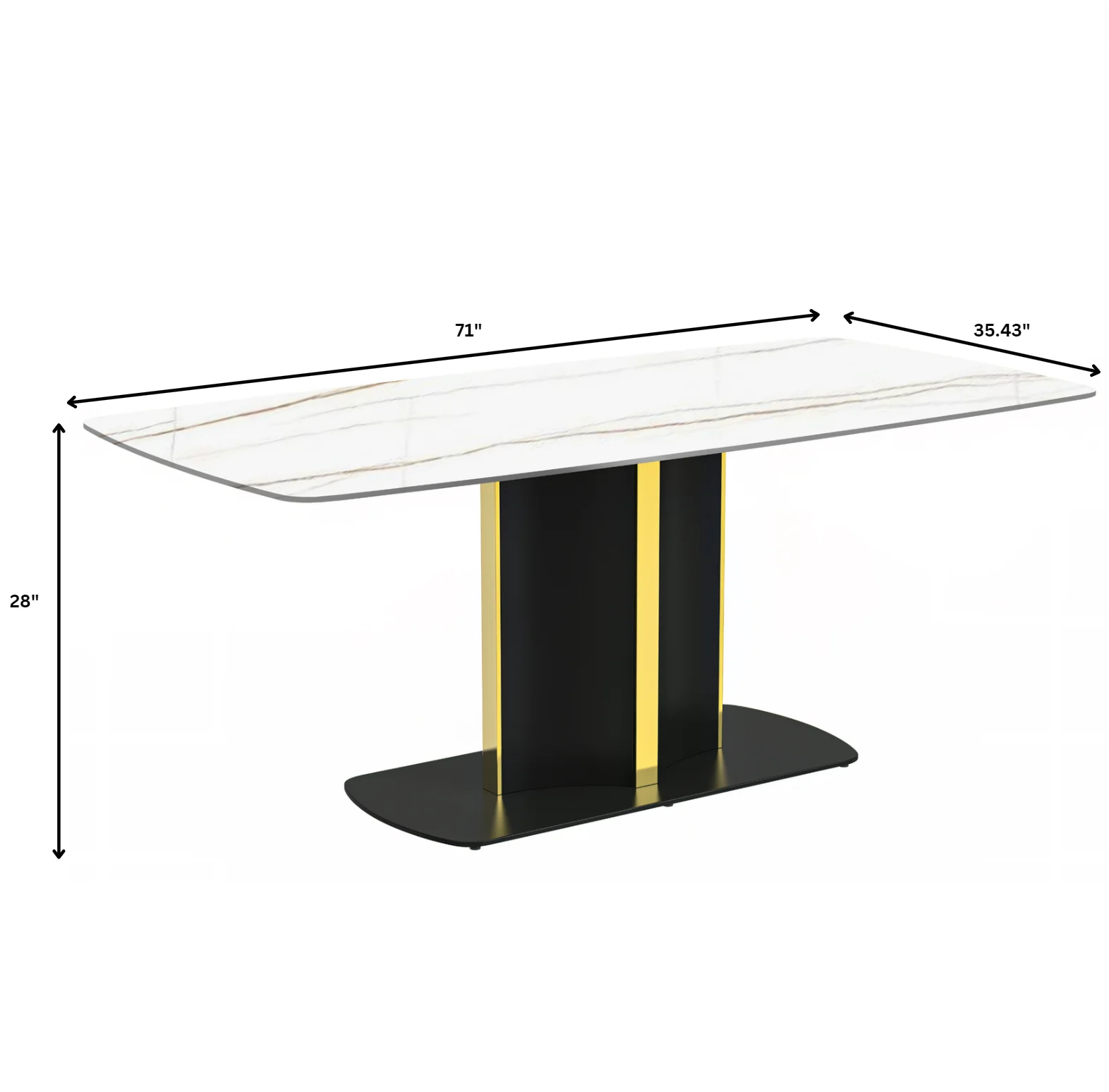 Sylva Series Modern Dining Table Black and Gold Base, With 71" White/Gold Sintered Stone Top