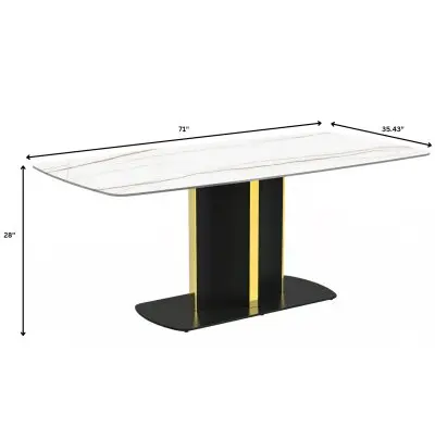 Sylva Series Modern Dining Table Black and Gold Base, With 71" White/Gold Sintered Stone Top