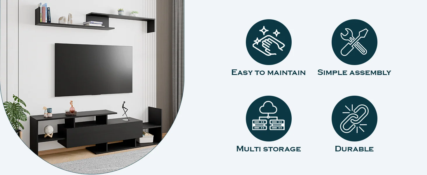 Surrey Modern TV Stand with MDF Shelves and Bookcase in Ebony