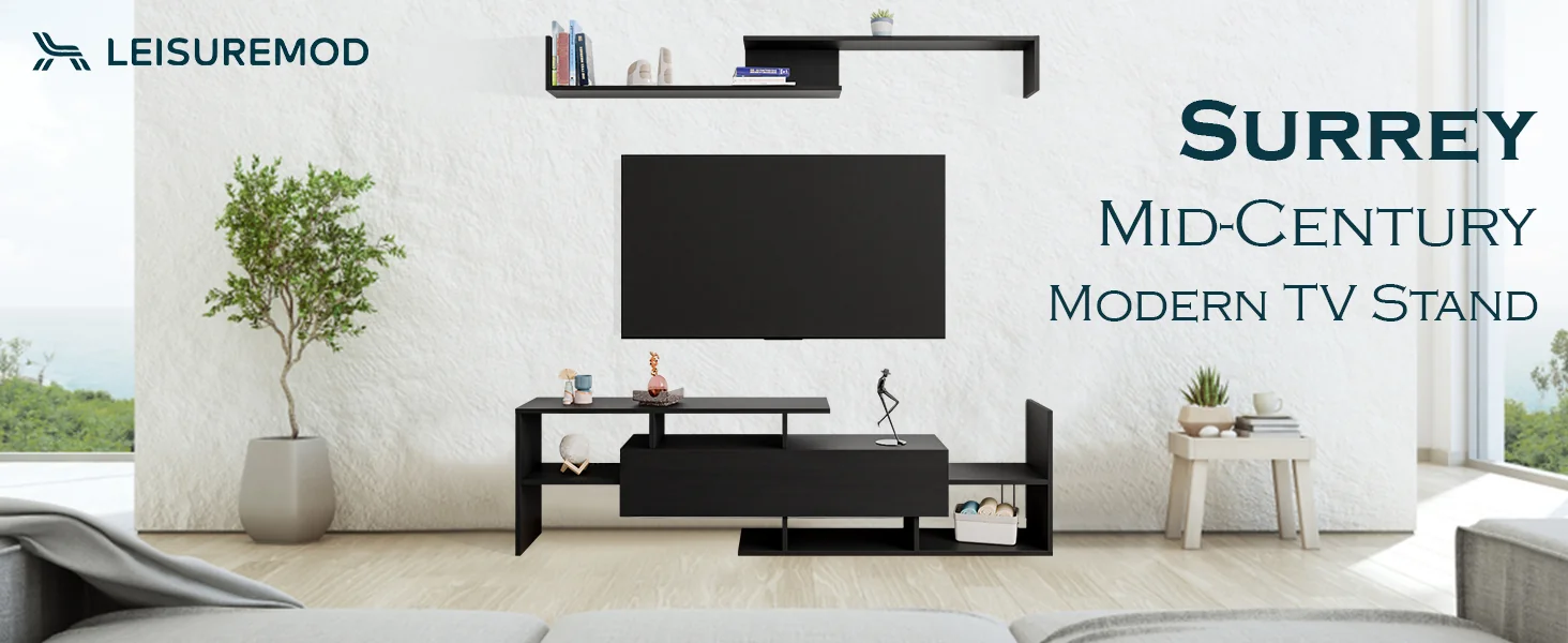 Surrey Modern TV Stand with MDF Shelves and Bookcase in Ebony