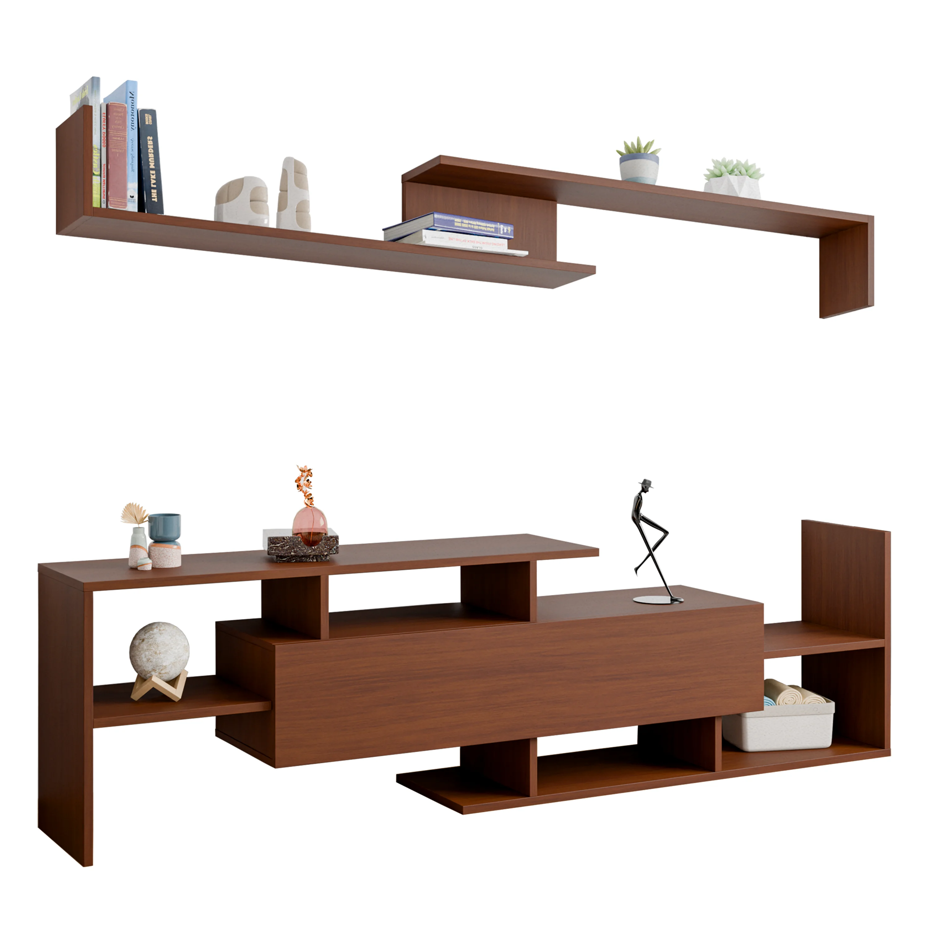 Surrey Modern TV Stand with MDF Shelves and Bookcase in Walnut