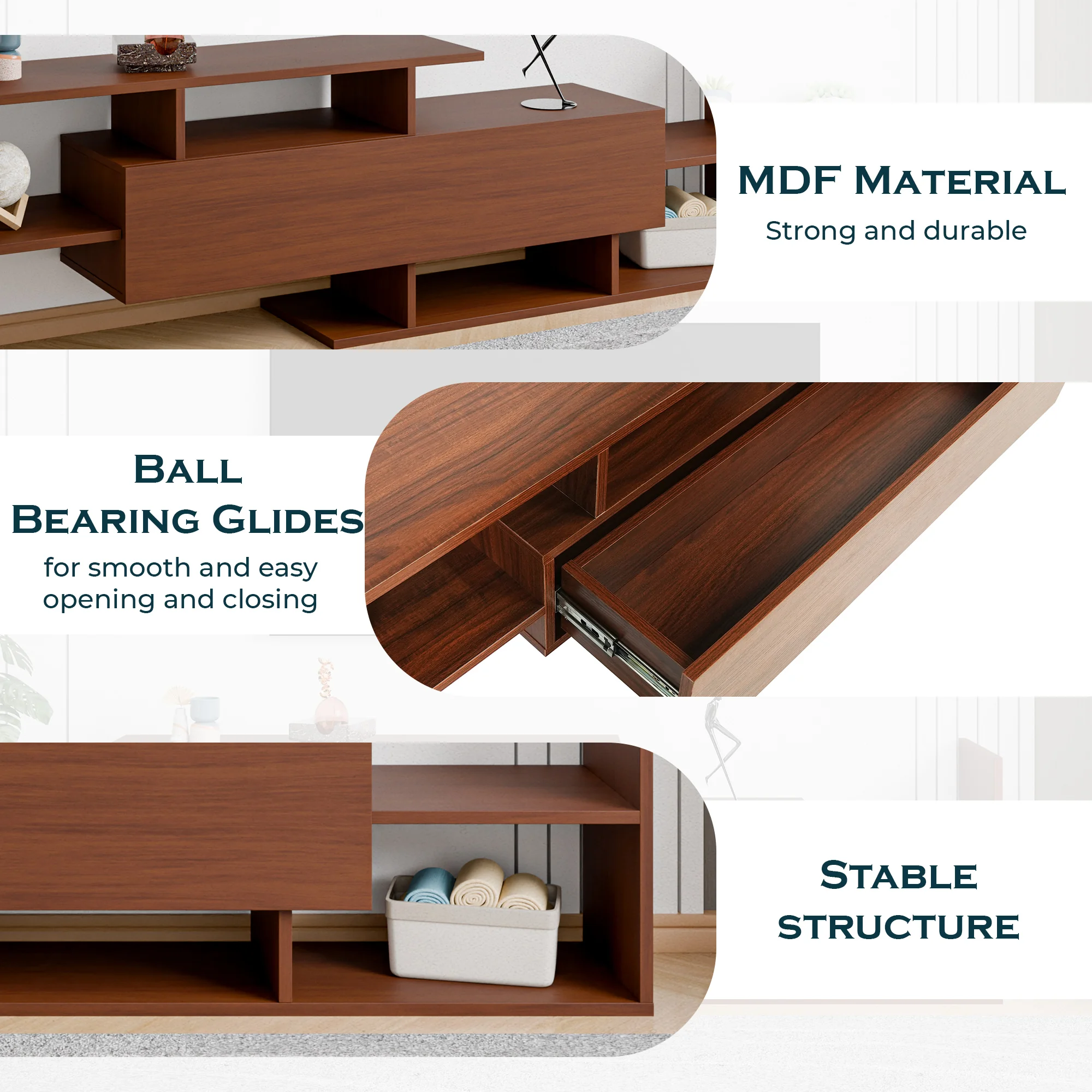 Surrey Modern TV Stand with MDF Shelves and Bookcase in Walnut