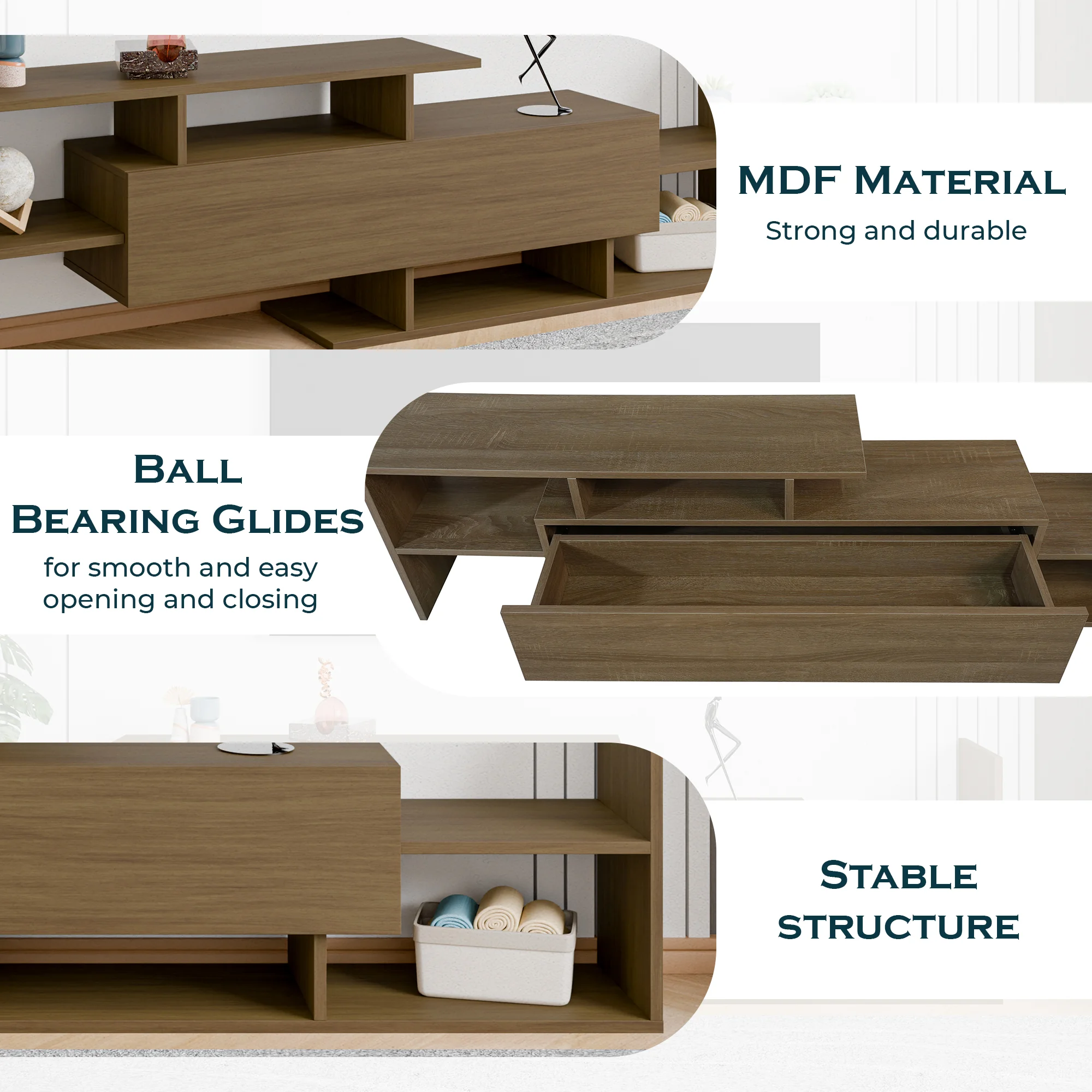 Surrey Modern TV Stand with MDF Shelves and Bookcase in Oak Wood