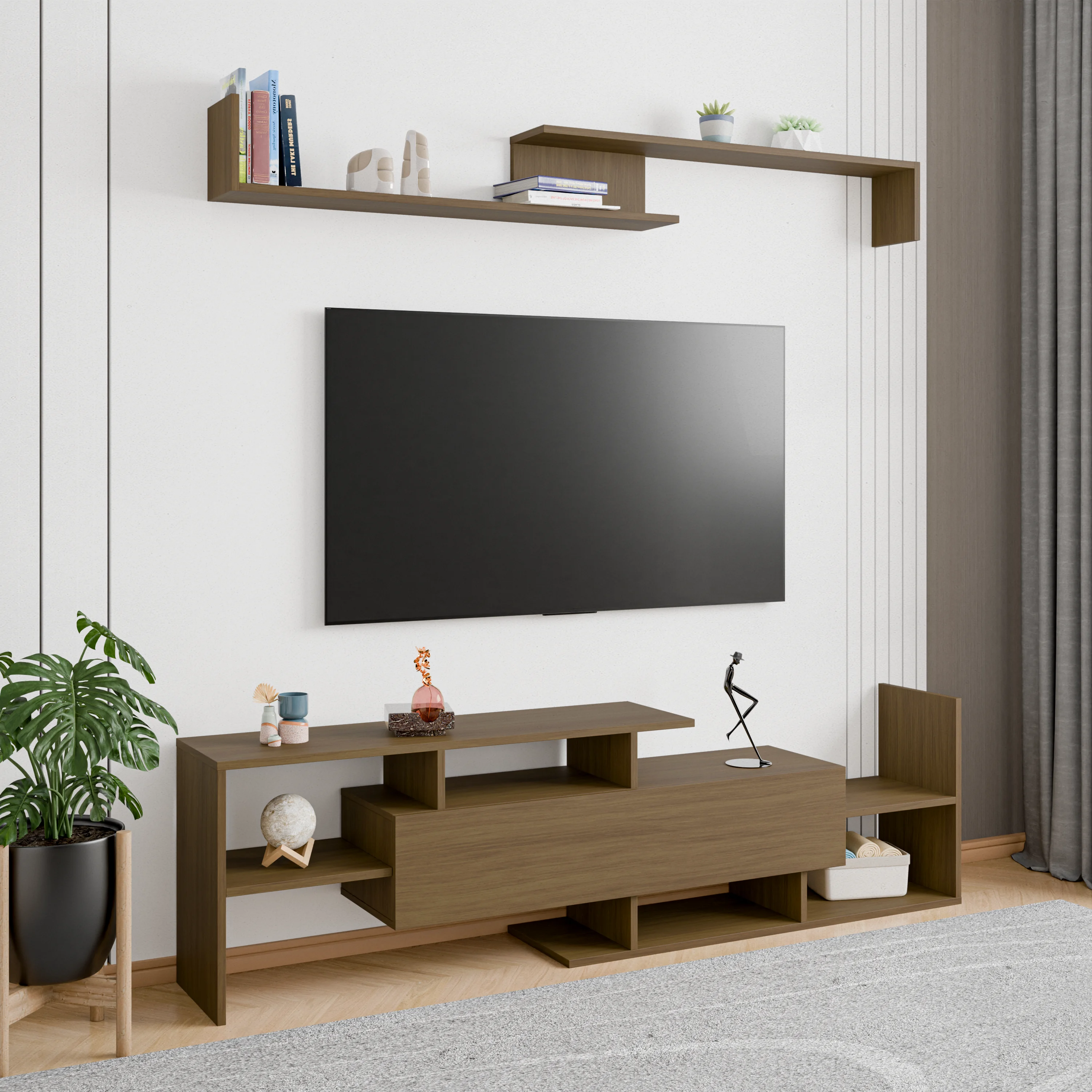 Surrey Modern TV Stand with MDF Shelves and Bookcase in Oak Wood