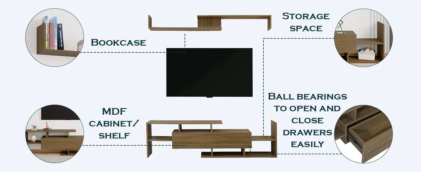 Surrey Modern TV Stand with MDF Shelves and Bookcase in Oak Wood