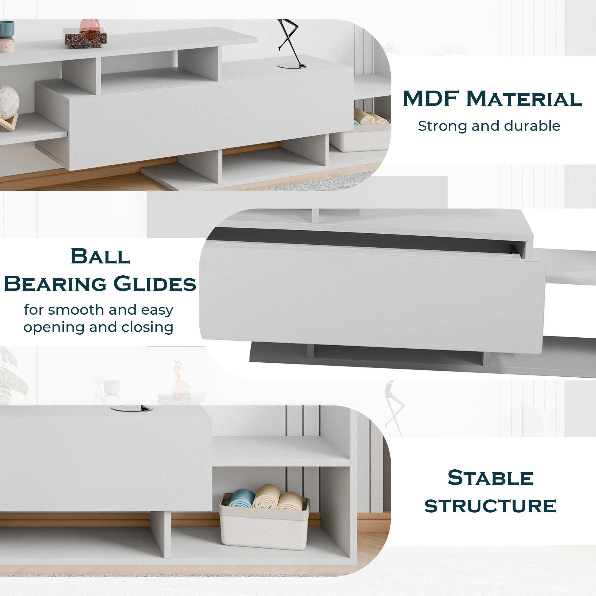 Surrey Modern TV Stand with MDF Shelves and Bookcase in White