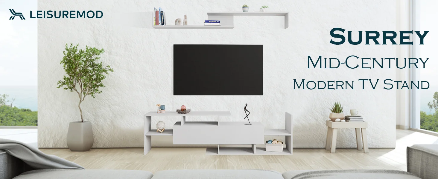 Surrey Modern TV Stand with MDF Shelves and Bookcase in White