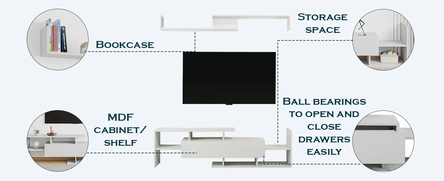 Surrey Modern TV Stand with MDF Shelves and Bookcase in White