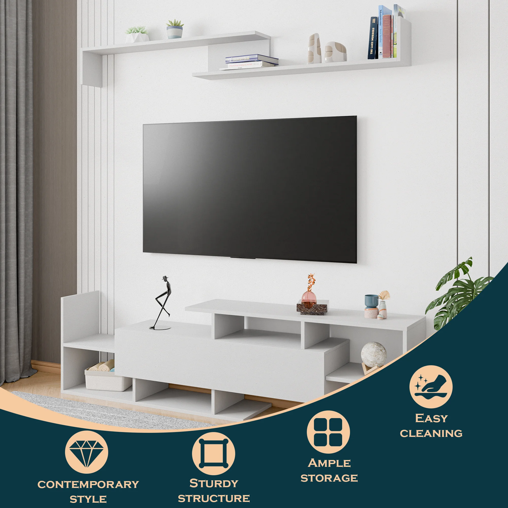 Surrey Modern TV Stand with MDF Shelves and Bookcase in White