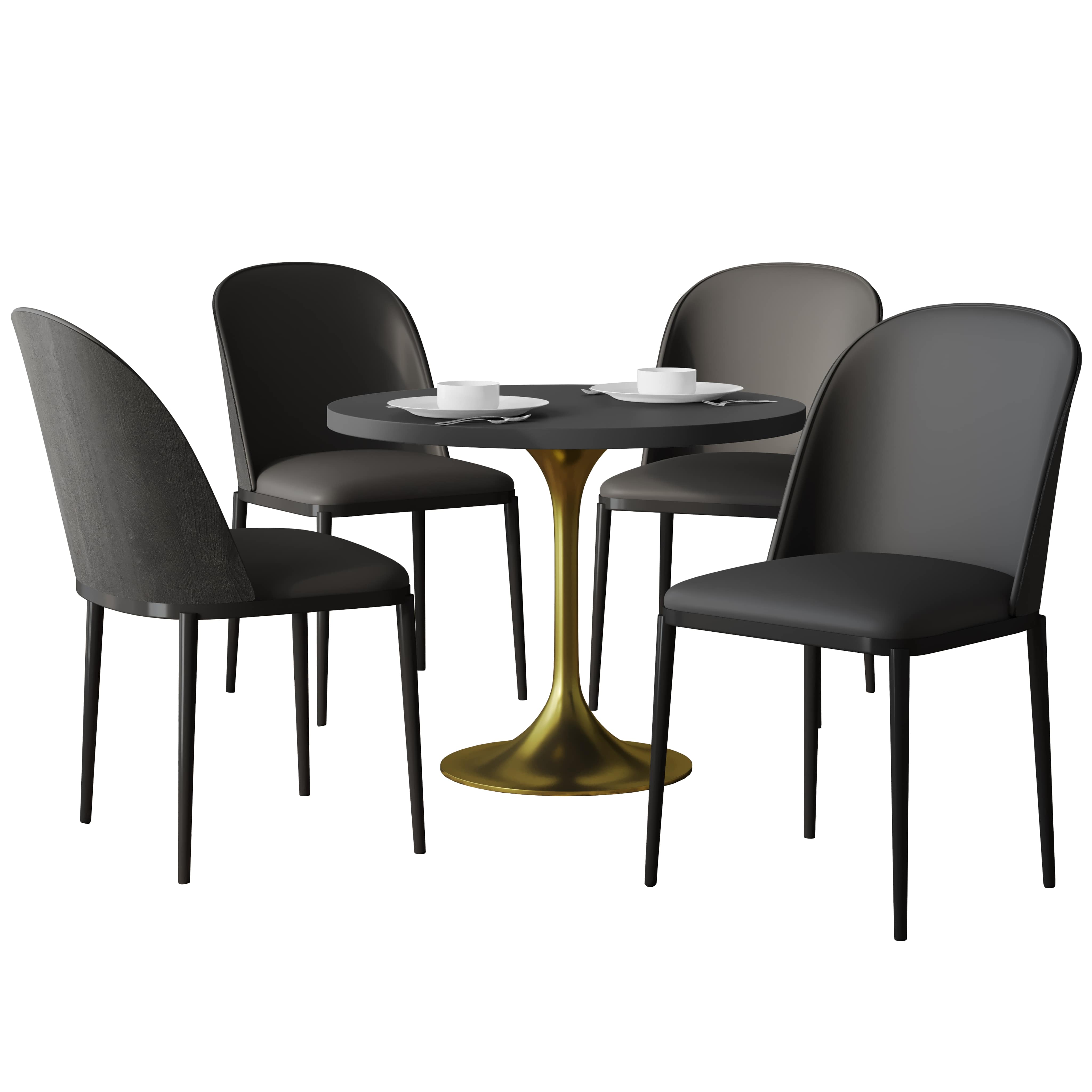 Verve 5-Piece Dining Set with 36" Round MDF Top Table and 4 Leather Dining Side Chairs in Black/Black
