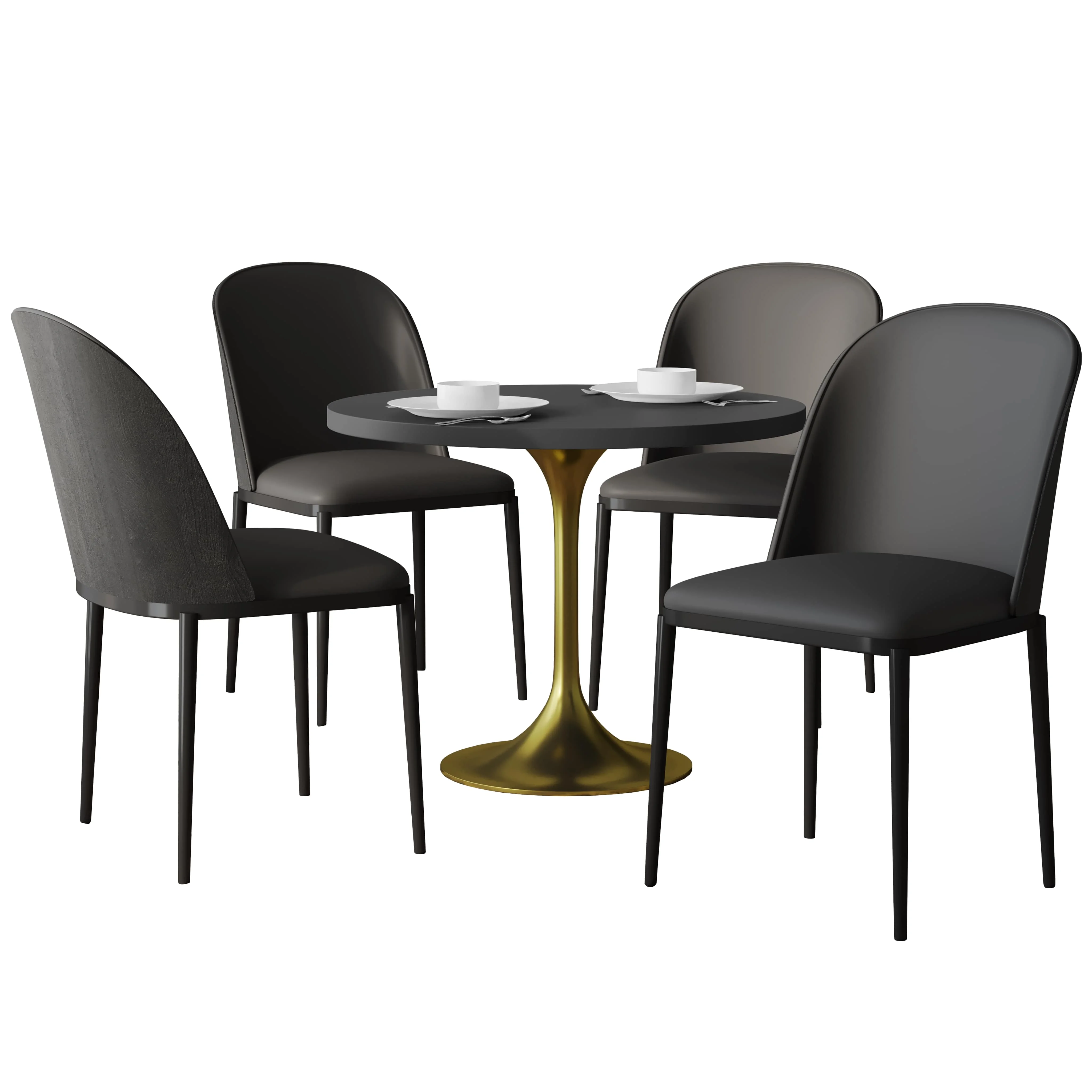 Verve 5-Piece Dining Set with 36" Round MDF Top Table and 4 Leather Dining Side Chairs in Black/Black