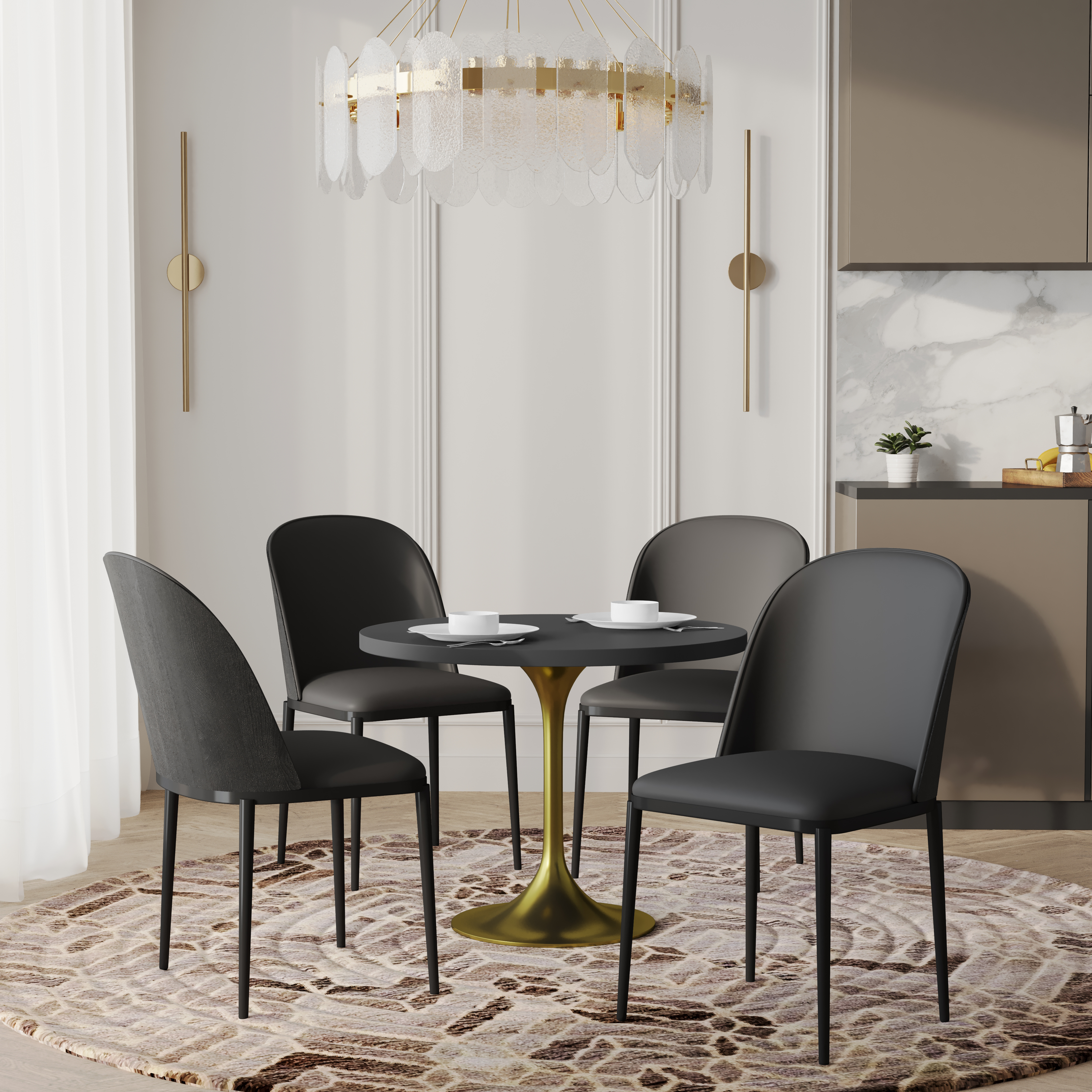 Verve 5-Piece Dining Set with 36" Round MDF Top Table and 4 Leather Dining Side Chairs in Black/Black