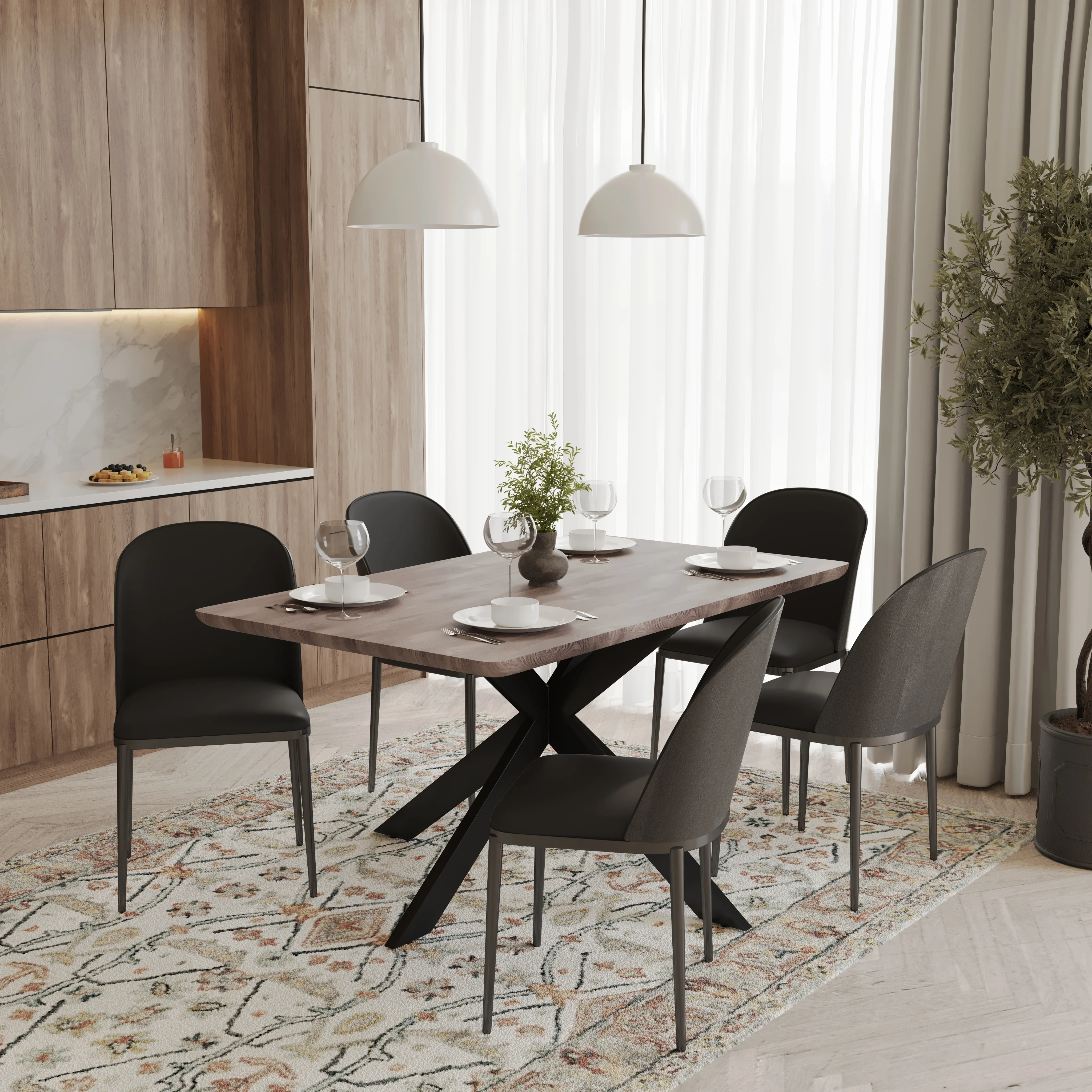 Ravenna 6-Piece Dining Set with 63" Rectangular Dining Table in Rustic Grey and 5 Leather Dining Chairs in Black/Black