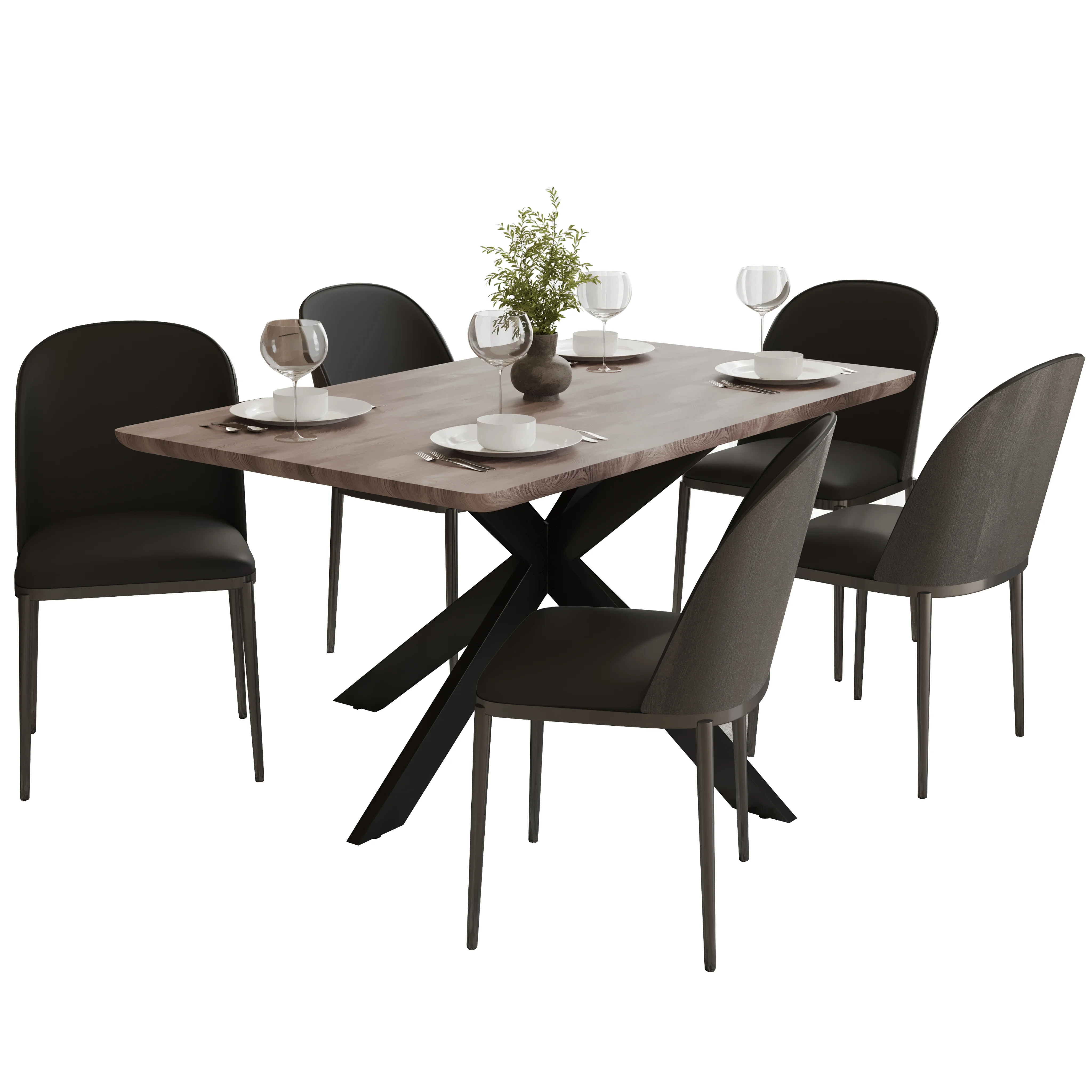 Ravenna 6-Piece Dining Set with 63" Rectangular Dining Table in Rustic Grey and 5 Leather Dining Chairs in Black/Black