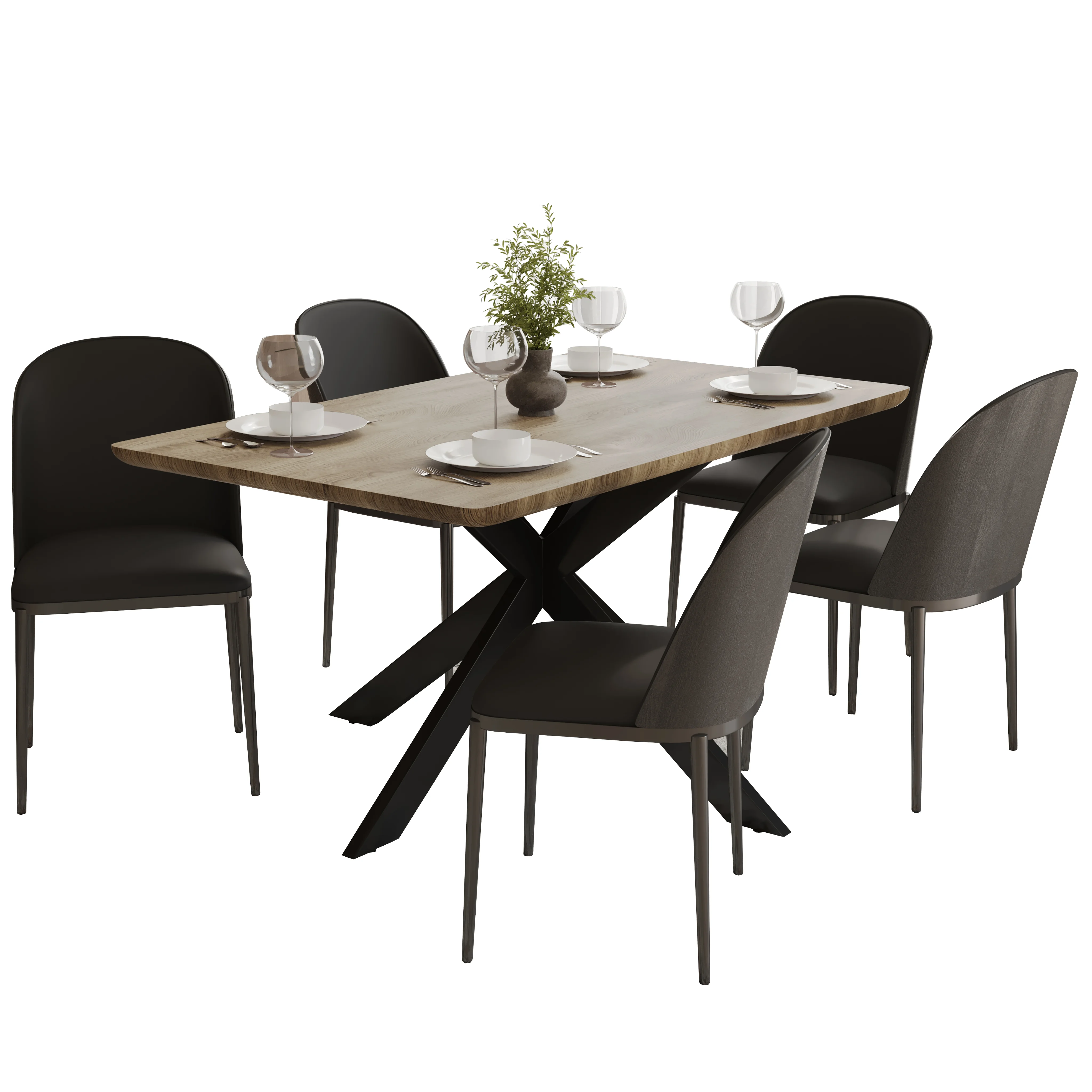 Ravenna 6-Piece Dining Set with 63" Rectangular Dining Table in Natural Wood MDF and 5 Leather Dining Chairs in Black/Black