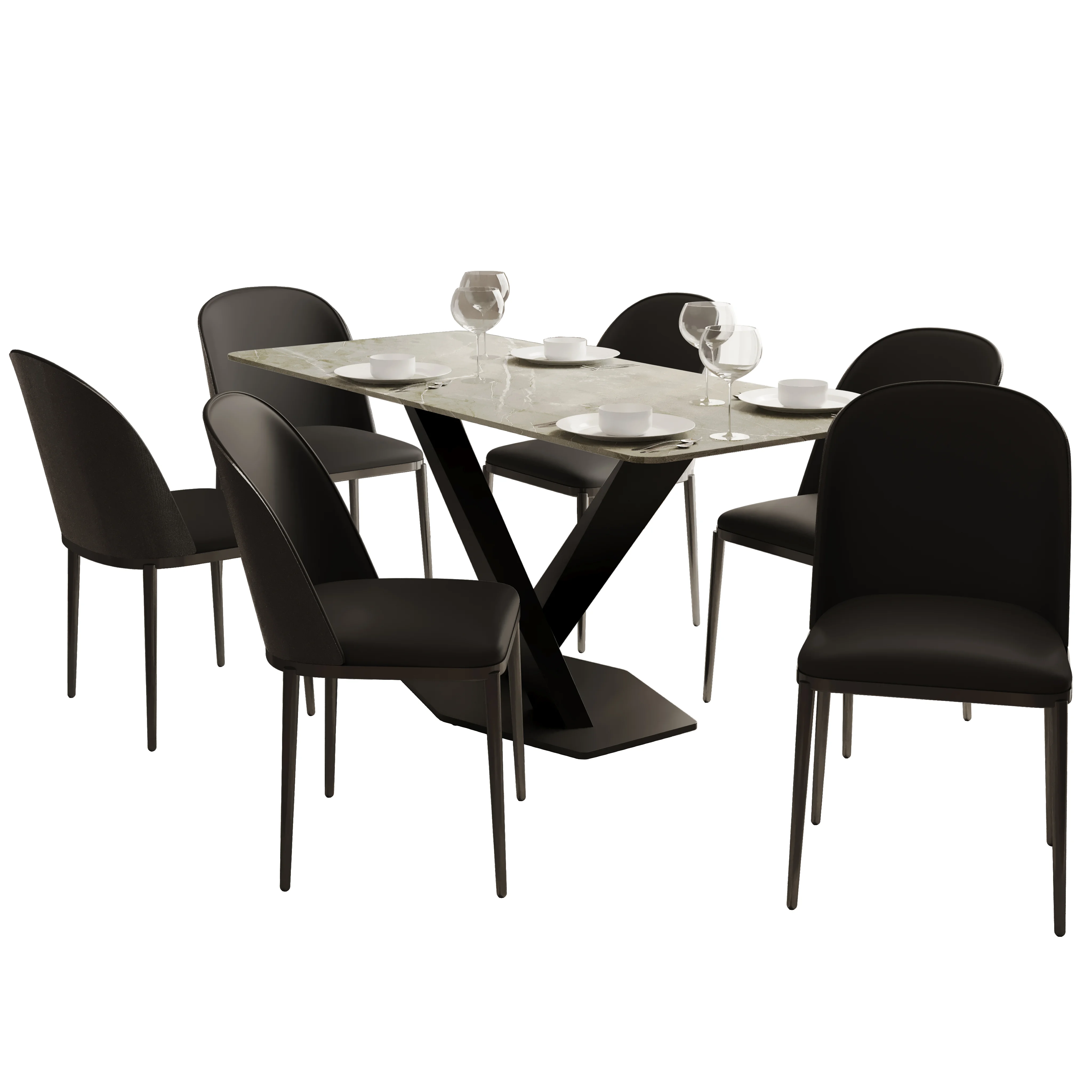 Voren 7-Piece Dining Set with 55" Rectangular Dining Table in Deep Grey Sintered Stone Top and 6 Leather Dining Chairs in Black/Black