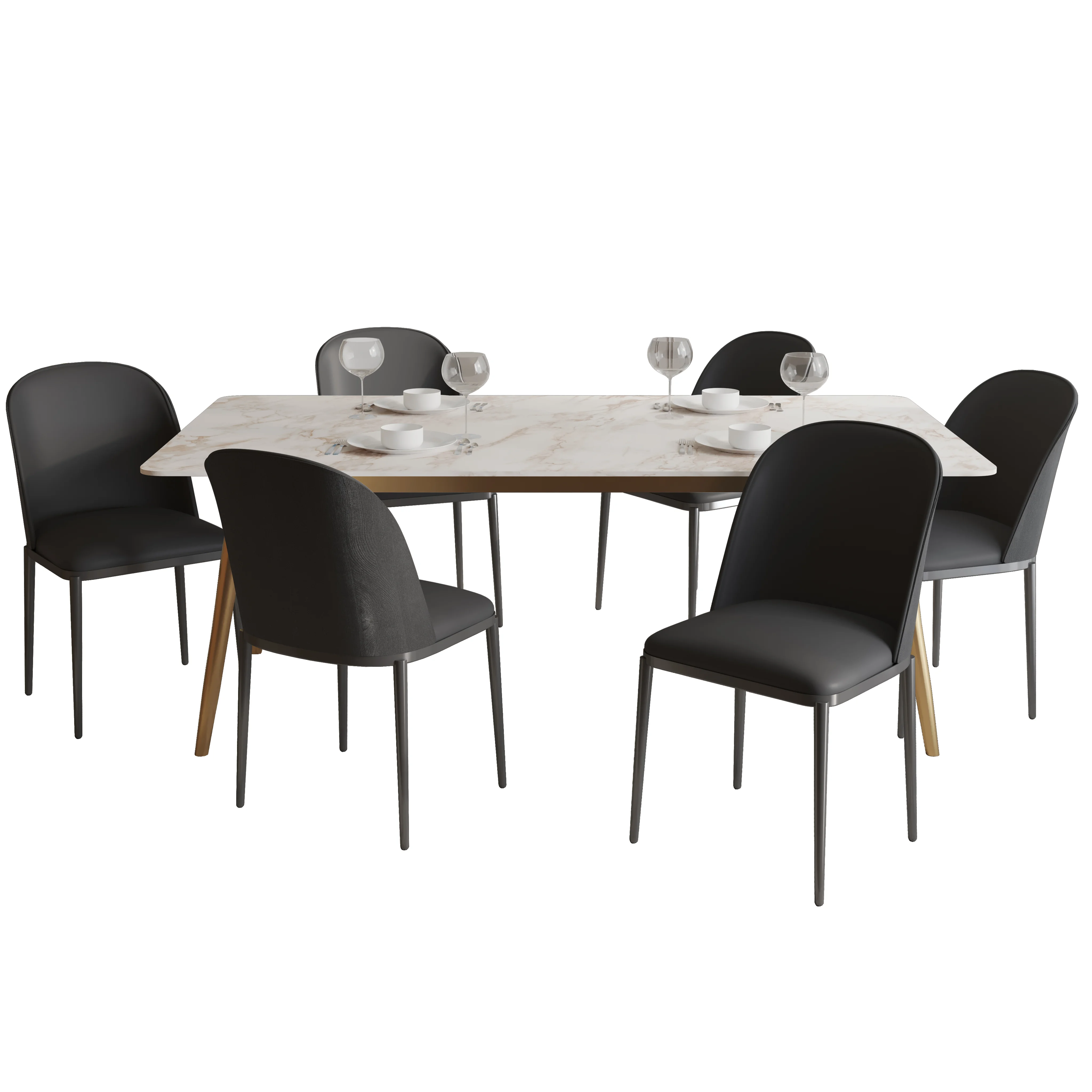 Zayle 7-Piece Dining Set with 55" Rectangular Dining Table in White Grey Sintered Stone Top and 6 Leather Dining Chairs in Black/Black