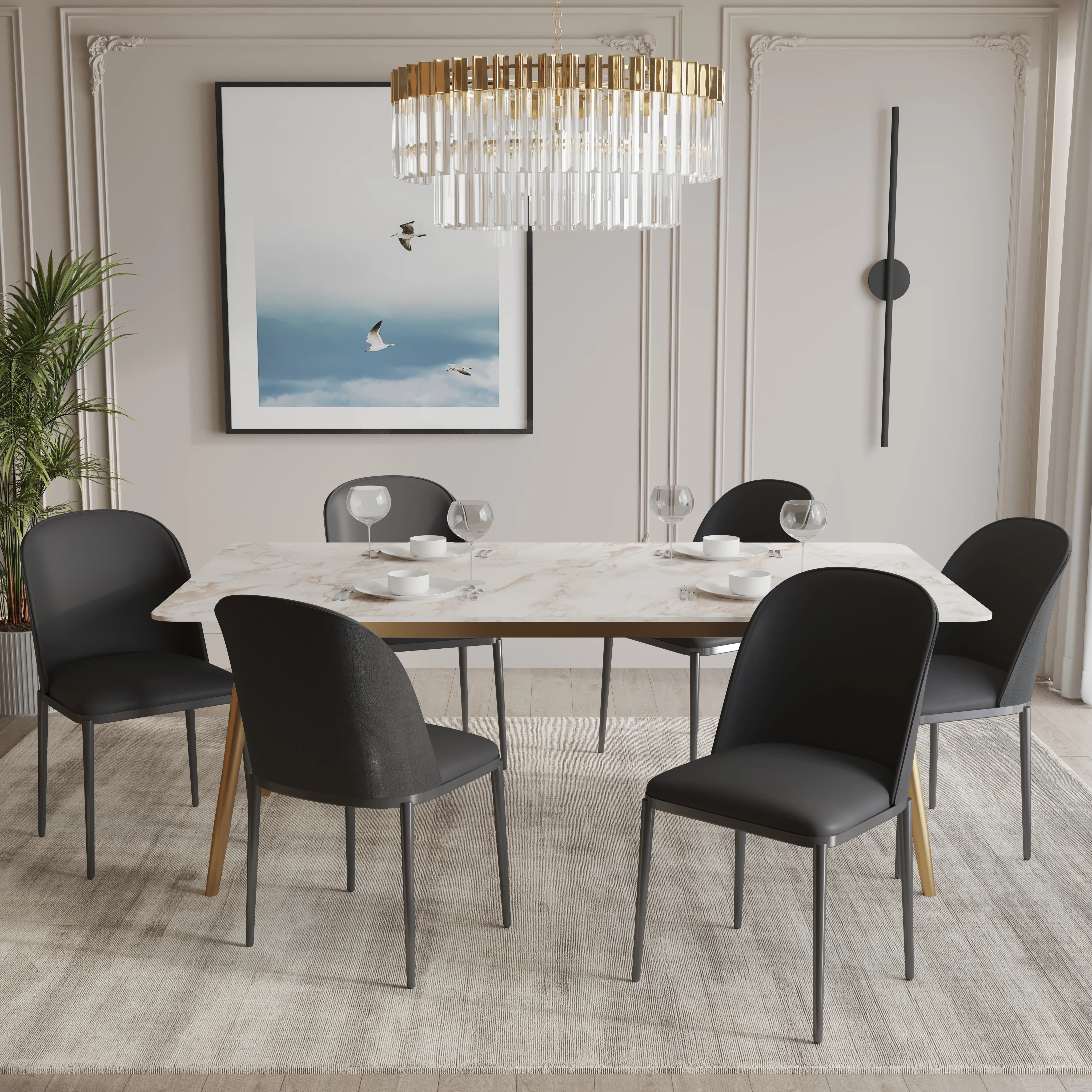 Zayle 7-Piece Dining Set with 55" Rectangular Dining Table in White Grey Sintered Stone Top and 6 Leather Dining Chairs in Black/Black