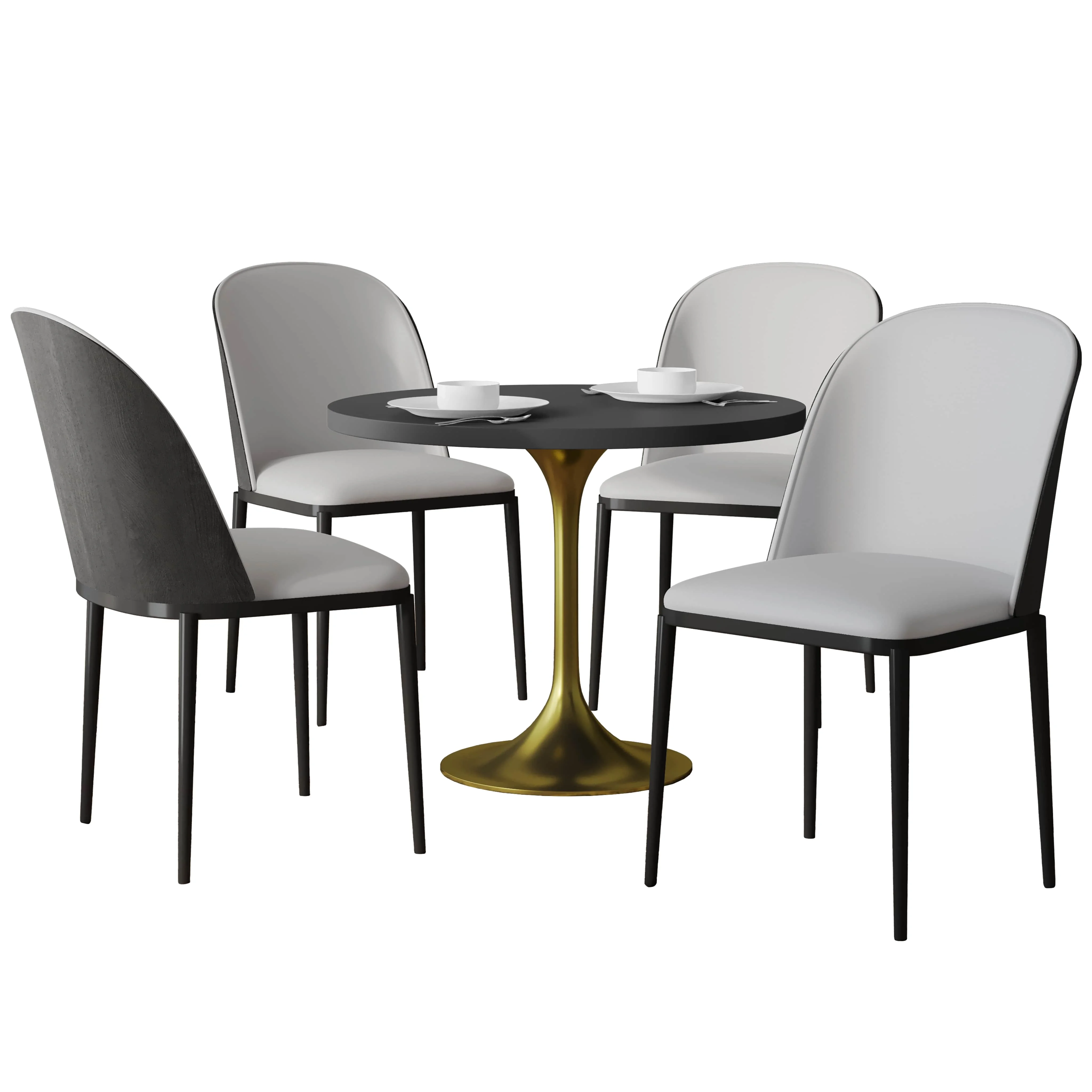 Verve 5-Piece Dining Set with 36" Round MDF Top Table and 4 Velvet Dining Side Chairs in Black/Platinum Blue