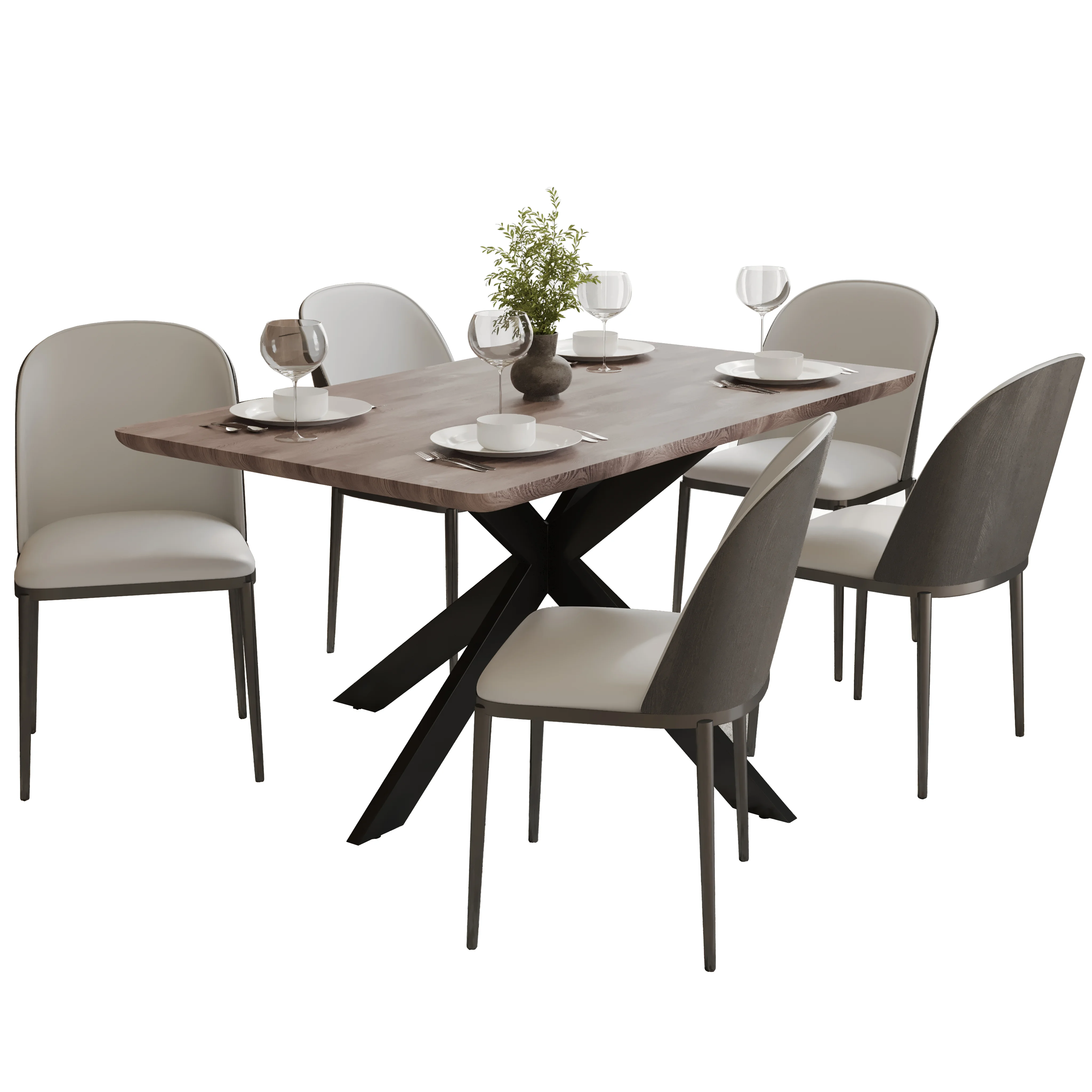 Ravenna 6-Piece Dining Set with 63" Rectangular Dining Table in Rustic Grey and 5 Velvet Dining Chairs in Black/Platinum Blue