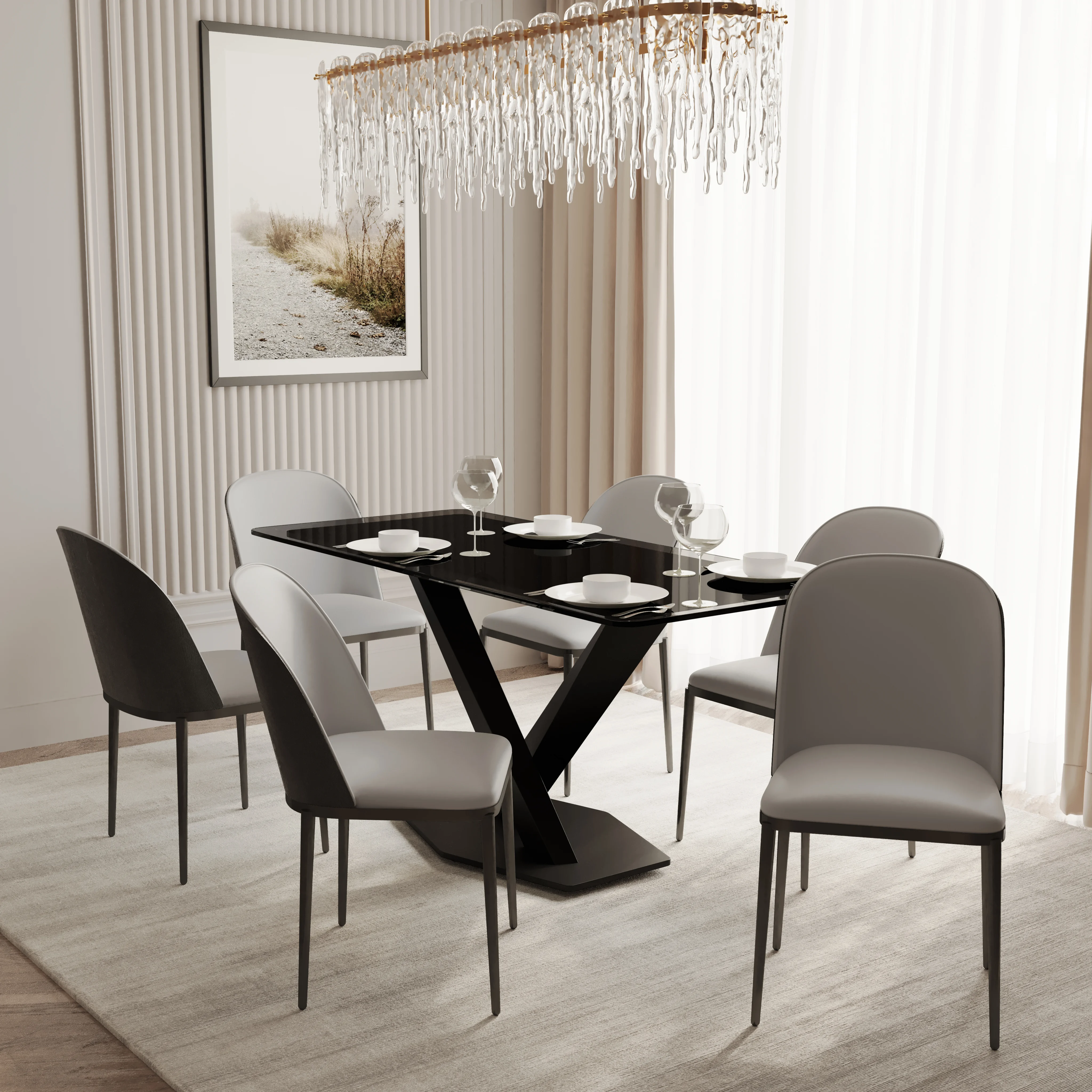 Voren 7-Piece Dining Set with 55" Rectangular Dining Table in Black Glass Top and 6 Velvet Dining Chairs in Black/Platinum Blue