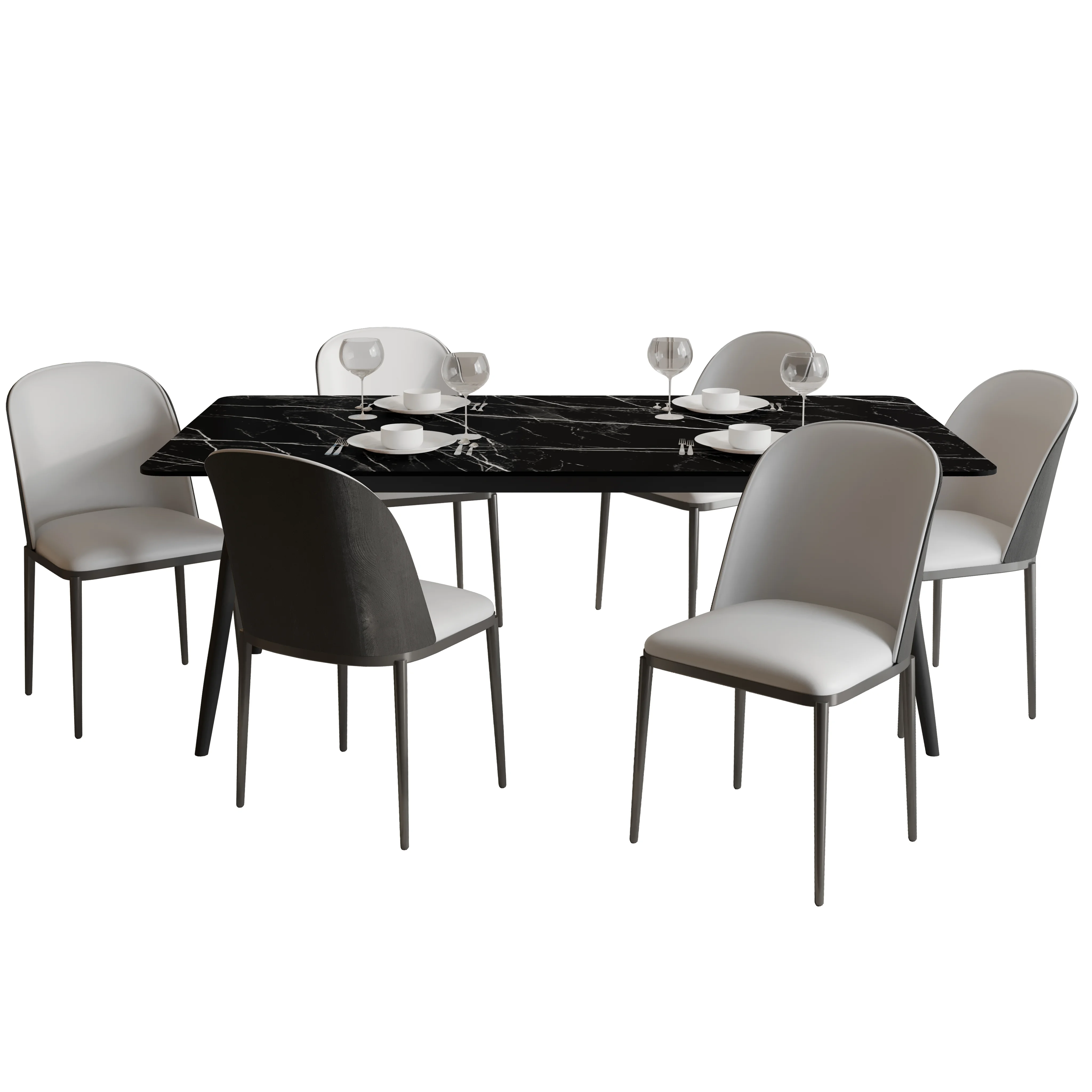 Zayle 7-Piece Dining Set with 55" Rectangular Dining Table in Black/Gold Sintered Stone Top and 6 Velvet Dining Chairs in Black/Platinum Blue