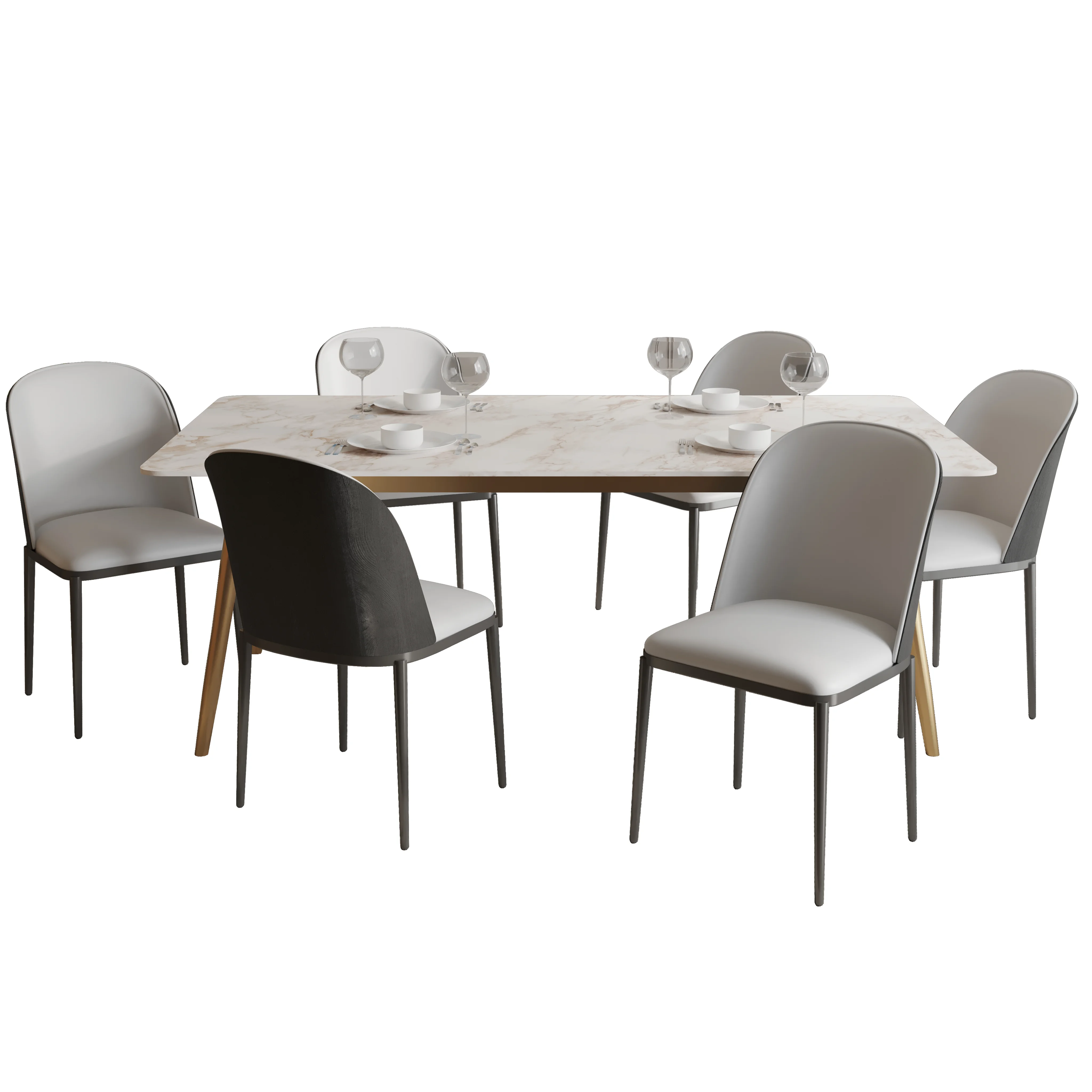 Zayle 7-Piece Dining Set with 55" Rectangular Dining Table in White Grey Sintered Stone Top and 6 Velvet Dining Chairs in Black/Platinum Blue