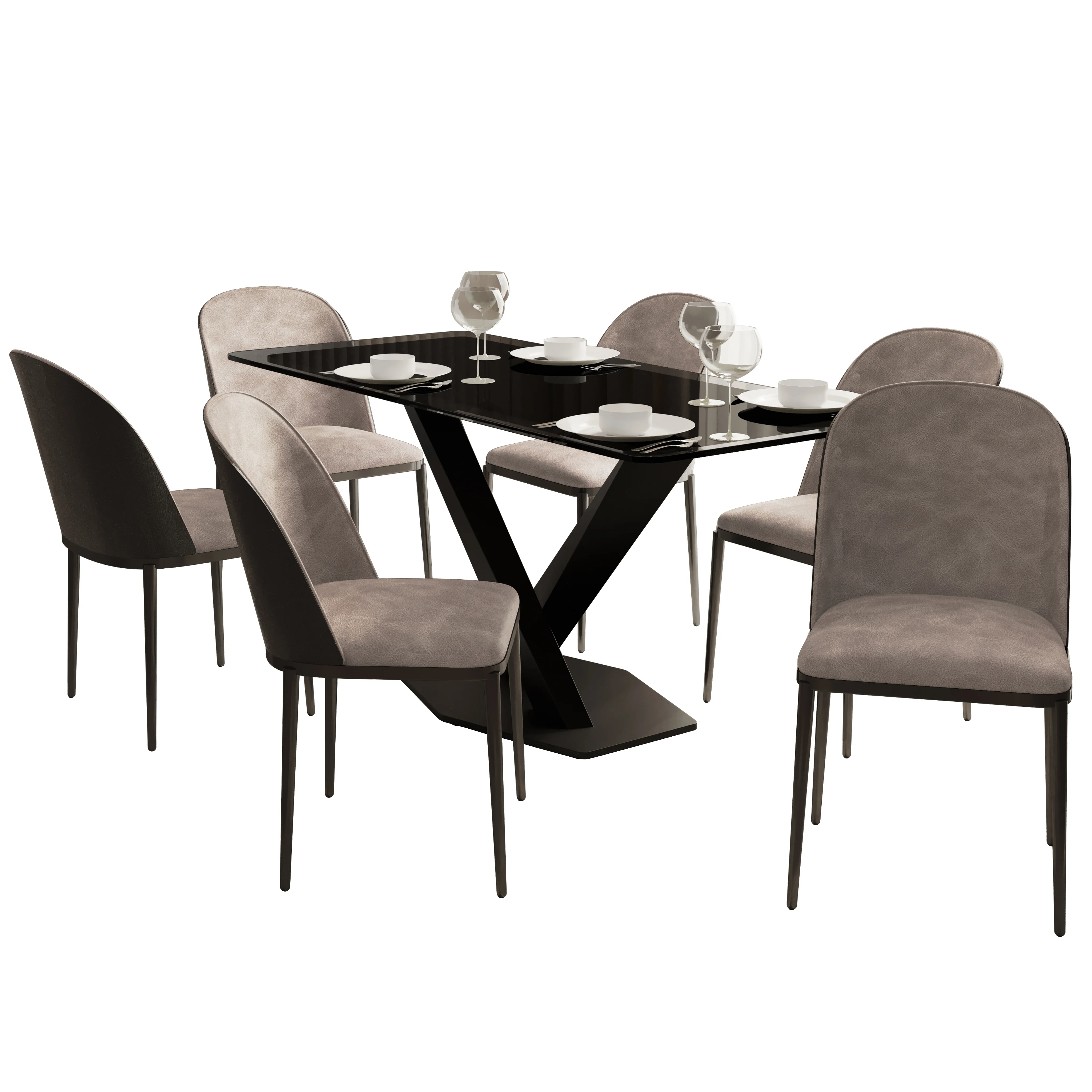 Voren 7-Piece Dining Set with 55" Rectangular Dining Table in Black Glass Top and 6 Suede Dining Chairs in Black/Charcoal