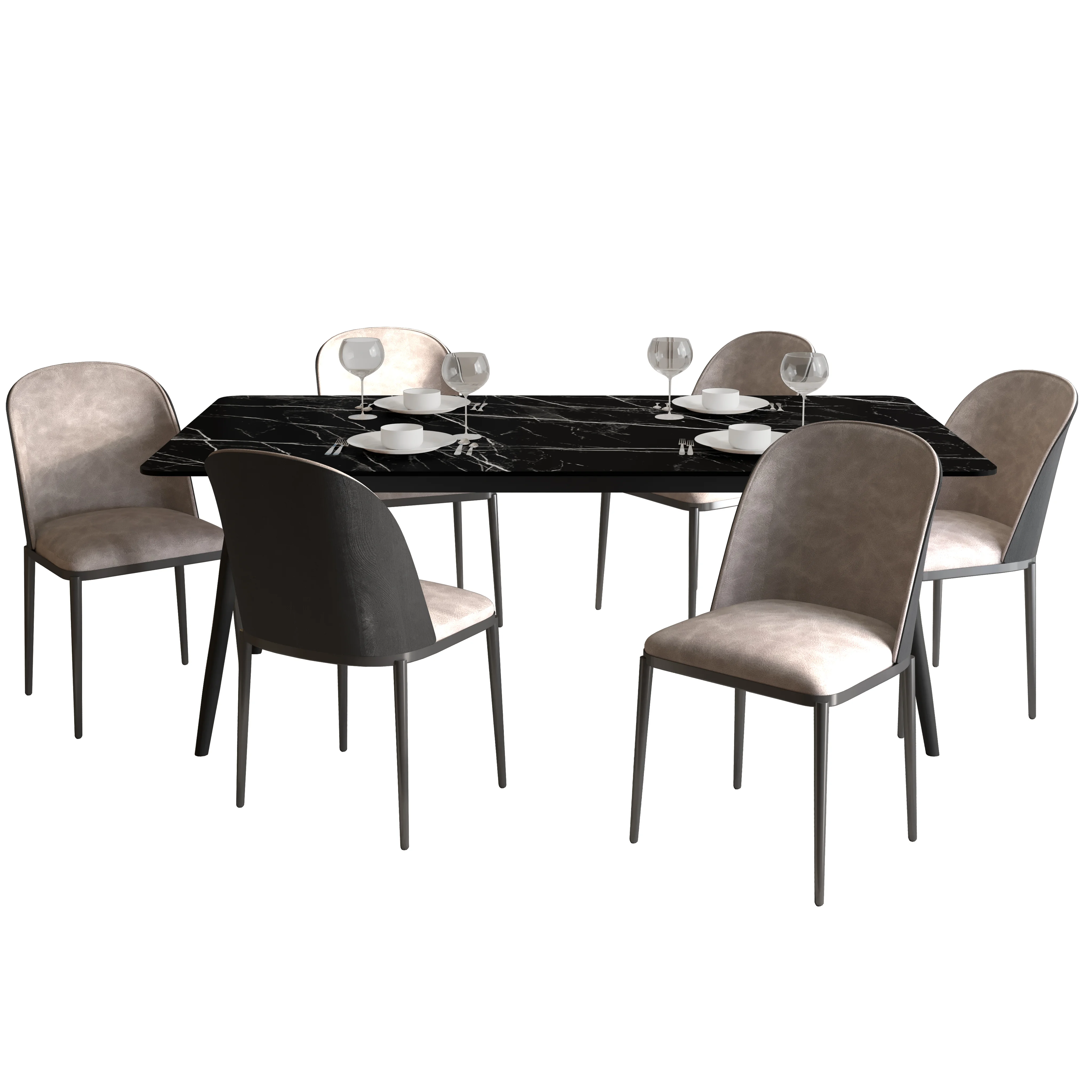 Zayle 7-Piece Dining Set with 55" Rectangular Dining Table in Black/Gold Sintered Stone Top and 6 Suede Dining Chairs in Black/Charcoal
