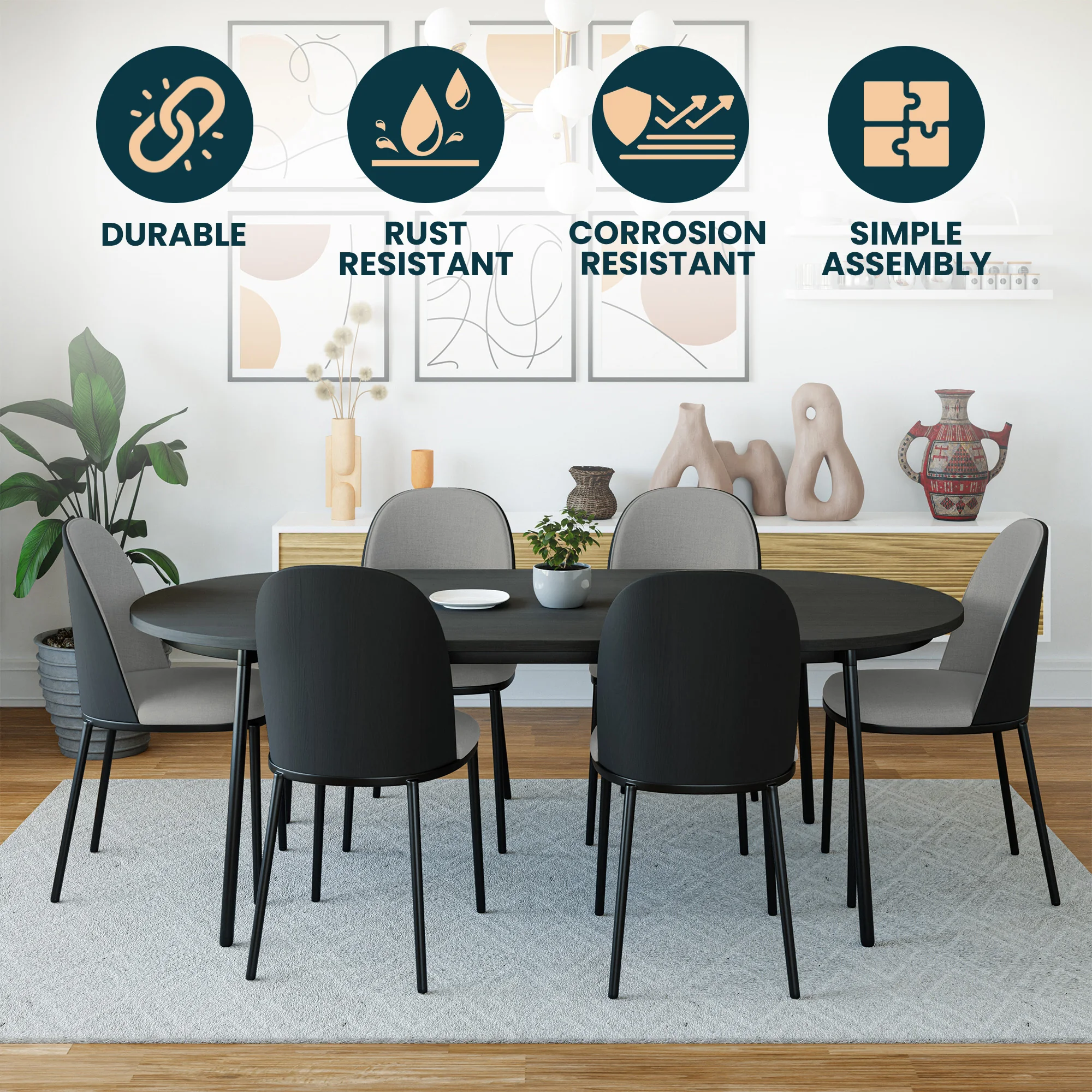 Tule Collection Dining Chair, Black Frame With Light Grey Leather - set of 4