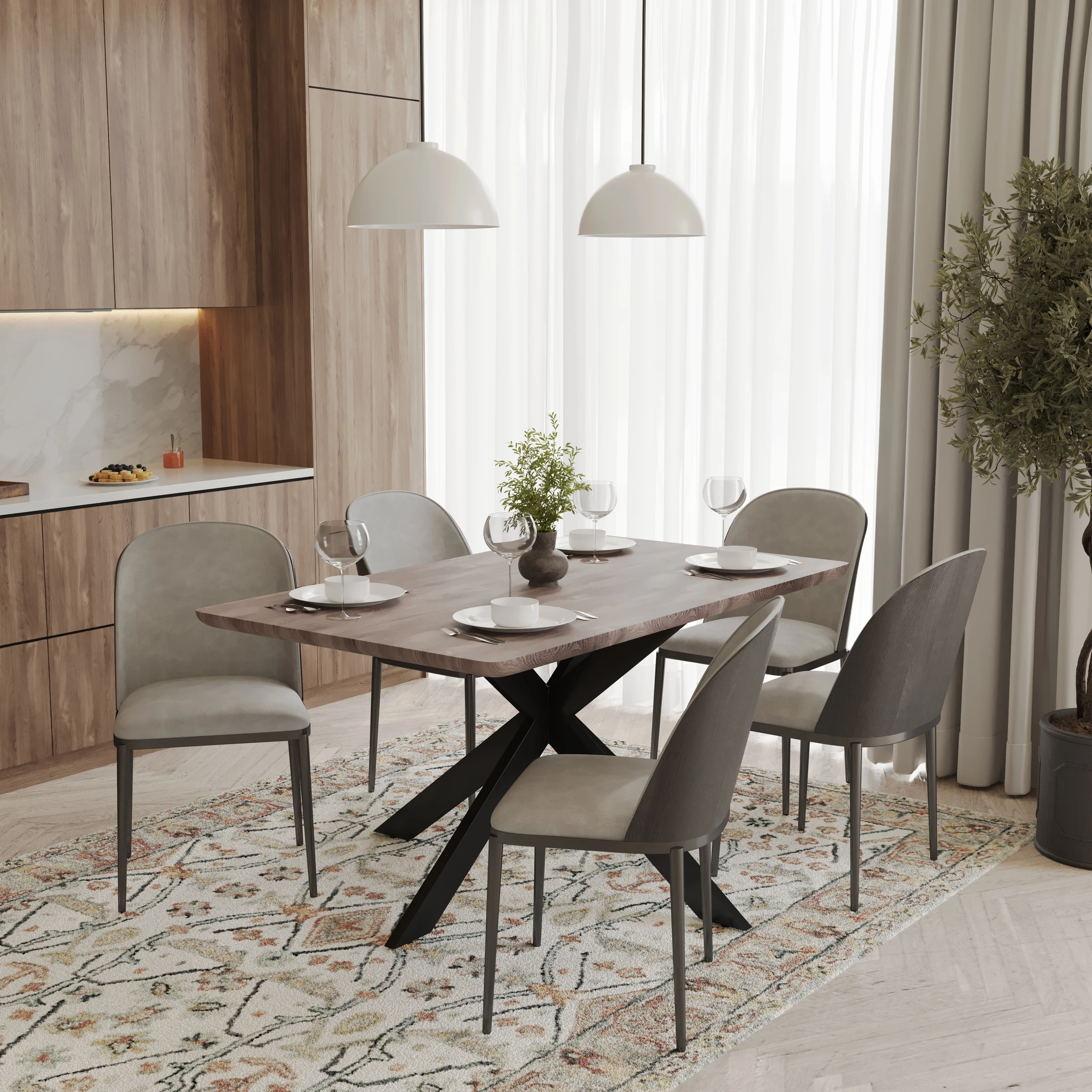 Ravenna 6-Piece Dining Set with 63" Rectangular Dining Table in Rustic Grey and 5 Leather Dining Chairs in Black/Light Grey