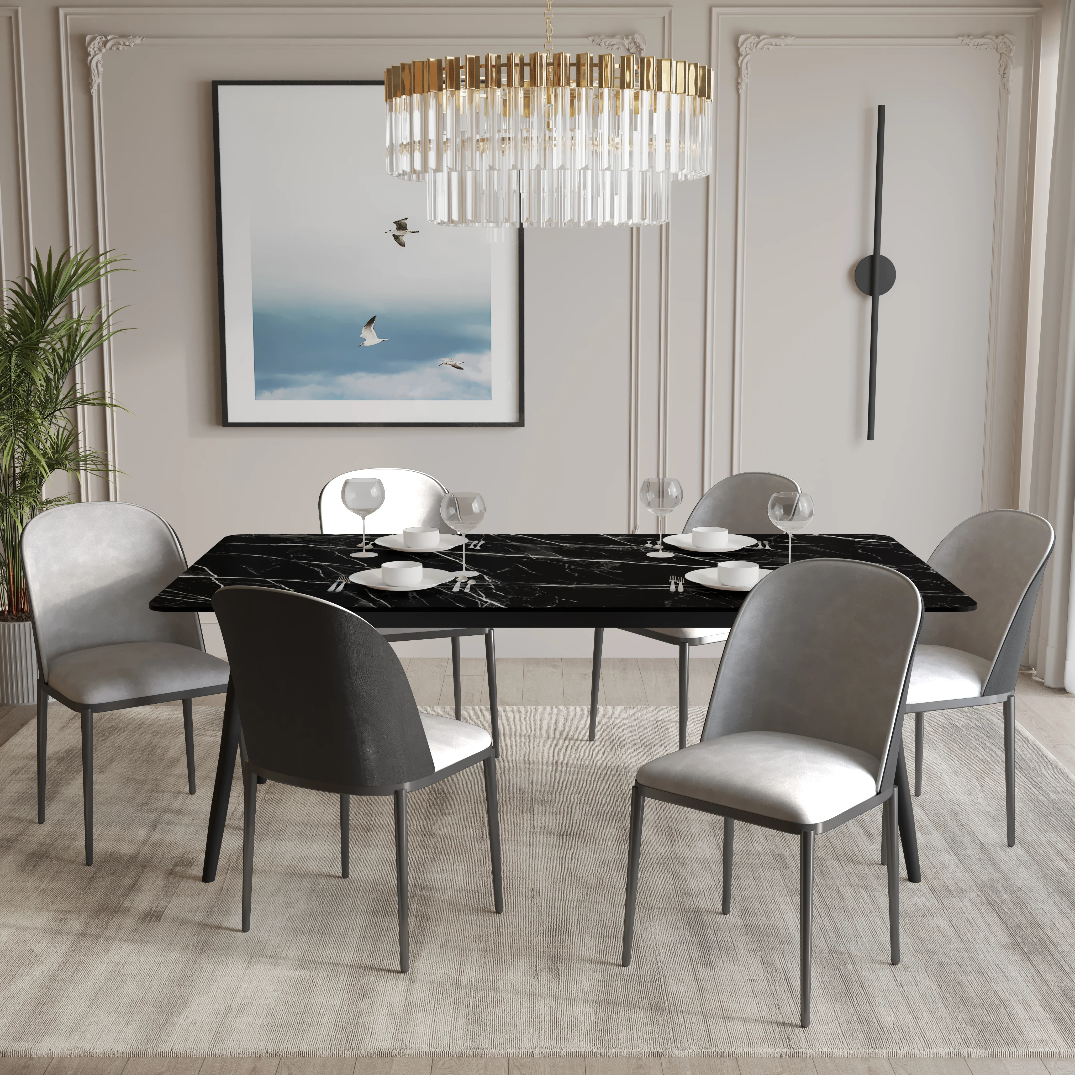 Zayle 7-Piece Dining Set with 55" Rectangular Dining Table in Black/Gold Sintered Stone Top and 6 Leather Dining Chairs in Black/Light Grey