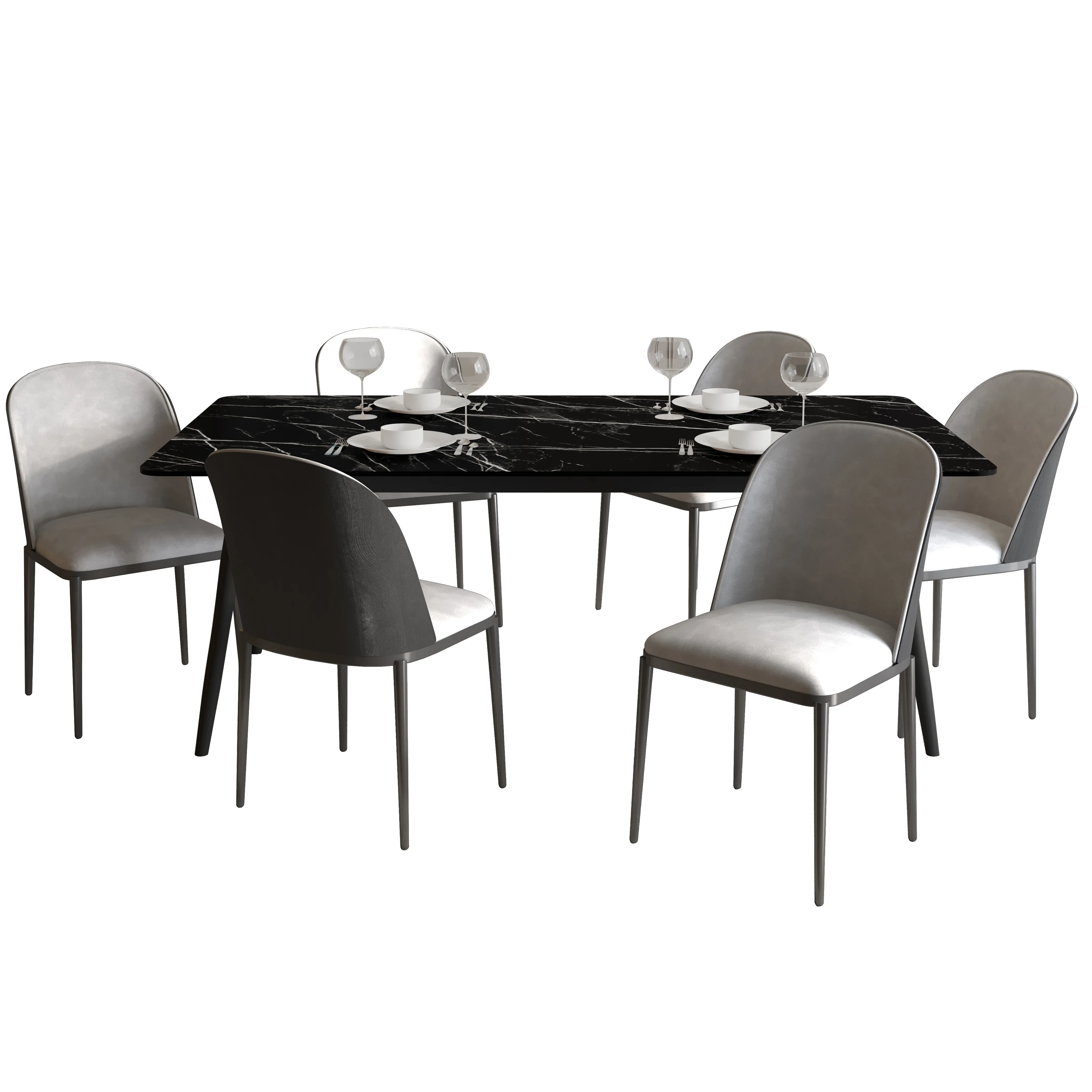 Zayle 7-Piece Dining Set with 55" Rectangular Dining Table in Black/Gold Sintered Stone Top and 6 Leather Dining Chairs in Black/Light Grey
