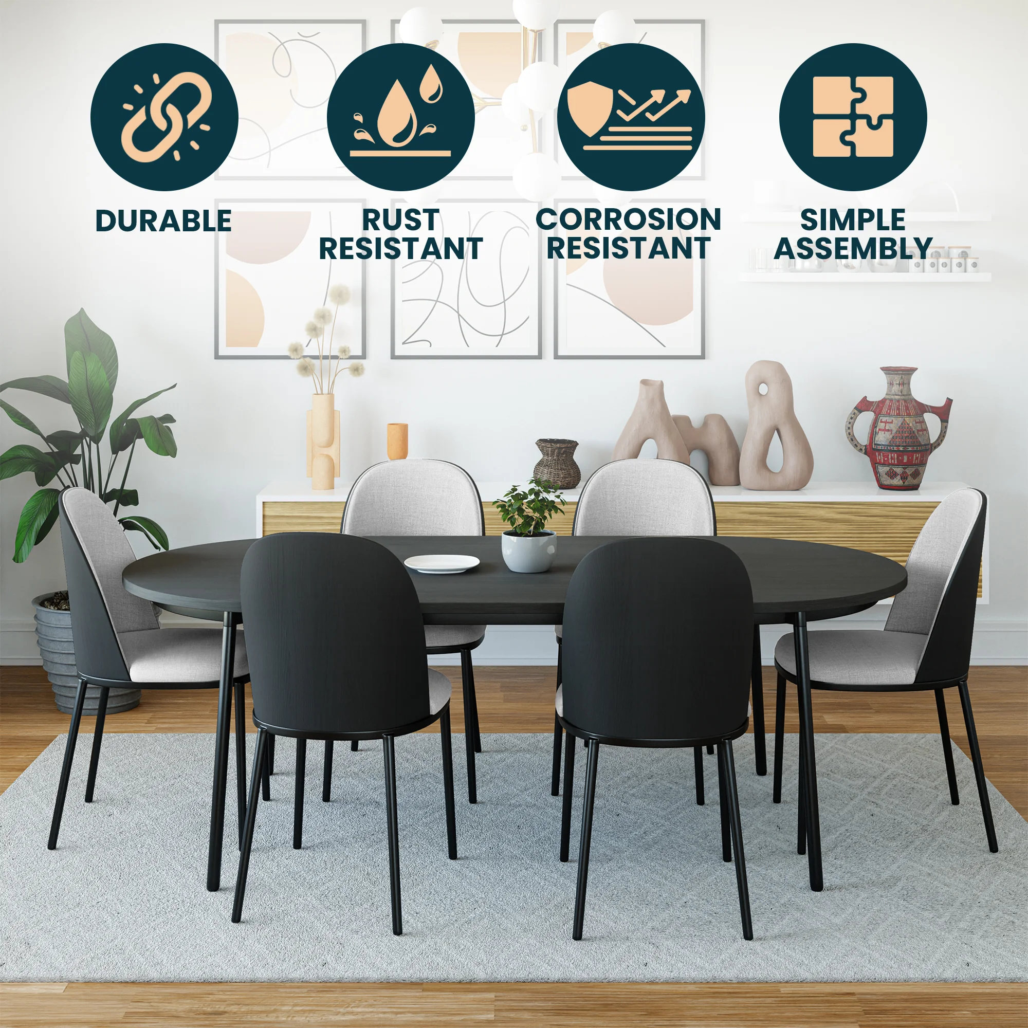 Tule Mid-Century Modern Dining Side Chair with Leather Seat and Powder-Coated Steel Frame for Kitchen and Dining Room