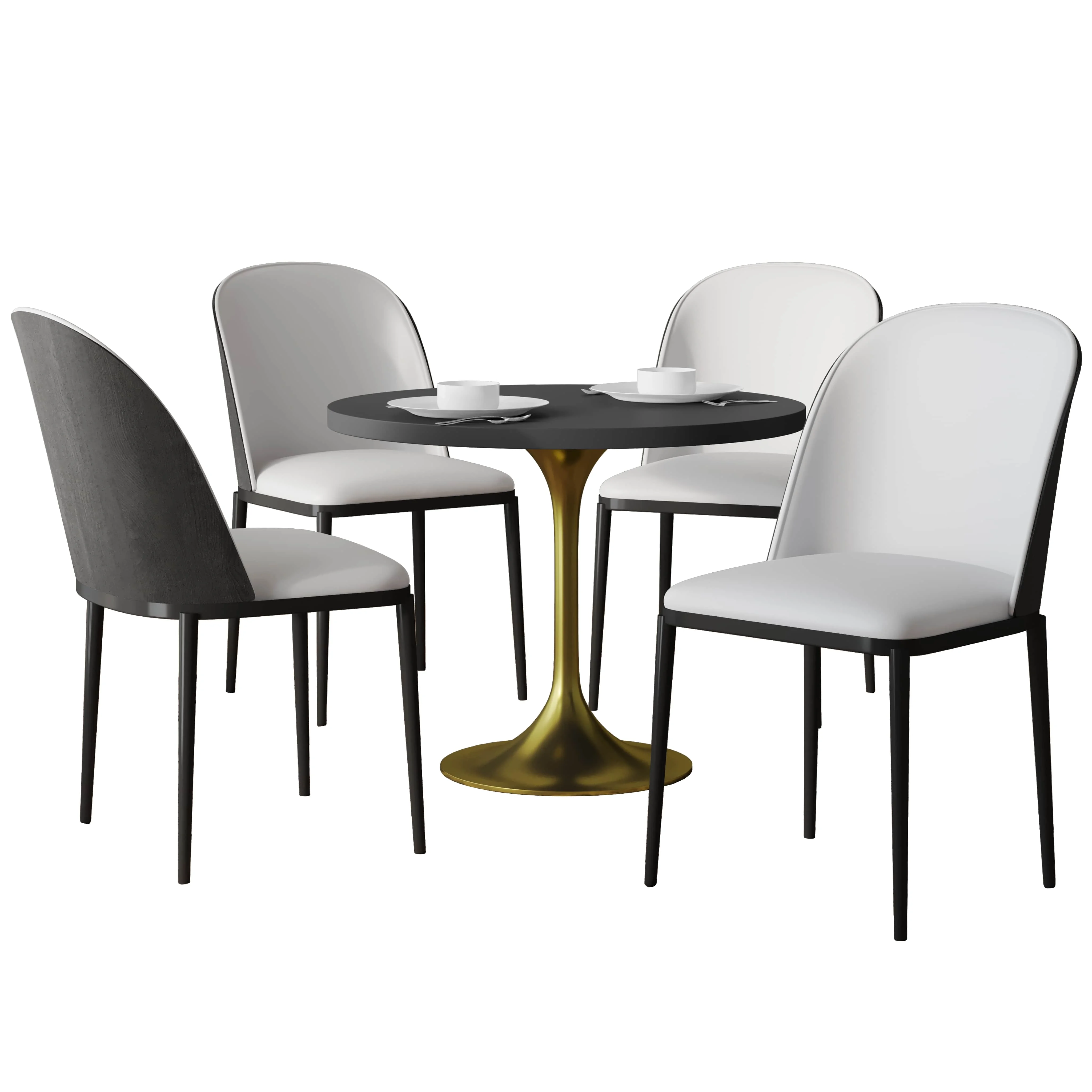 Verve 5-Piece Dining Set with 36" Round MDF Top Table and 4 Leather Dining Side Chairs in Black/White
