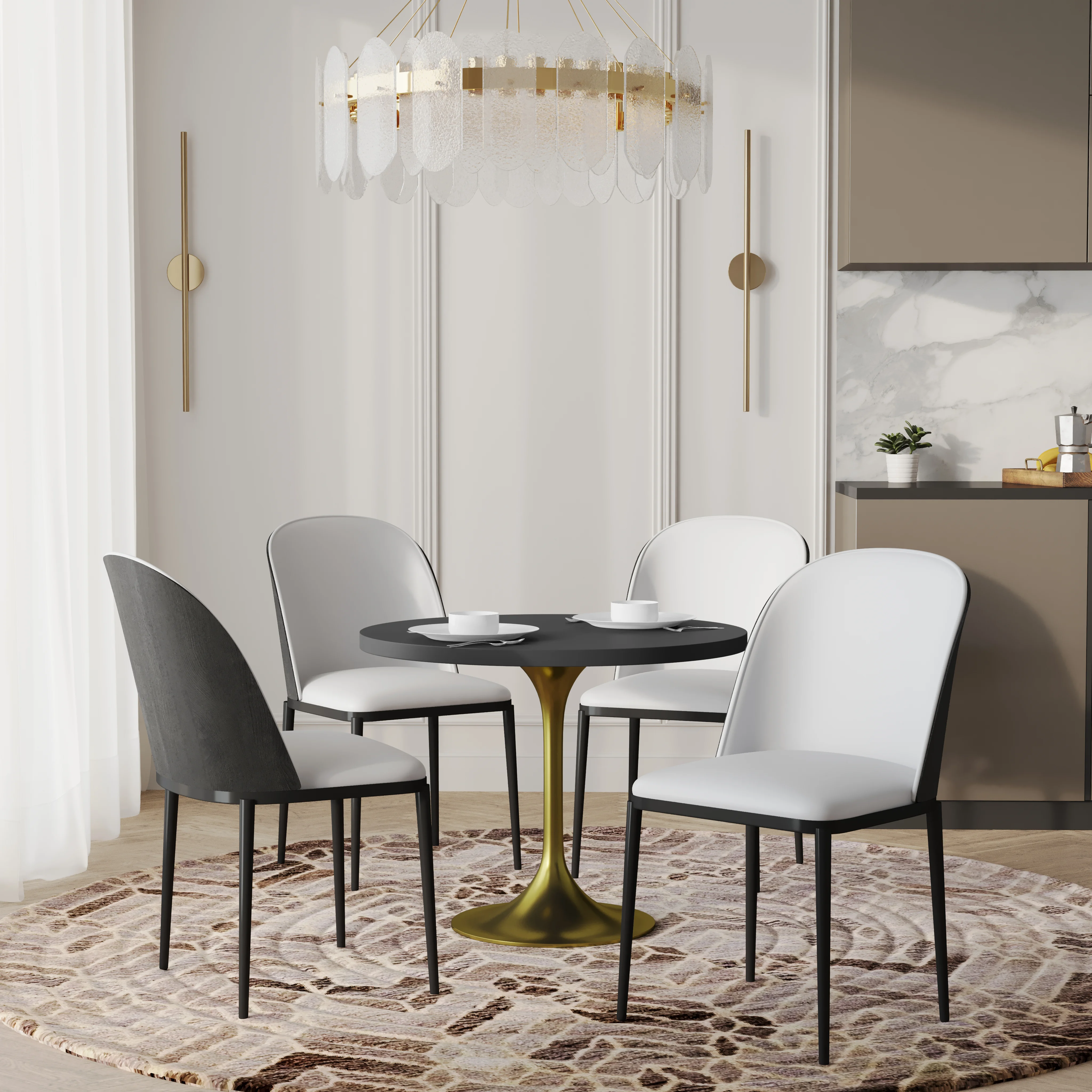 Verve 5-Piece Dining Set with 36" Round MDF Top Table and 4 Leather Dining Side Chairs in Black/White