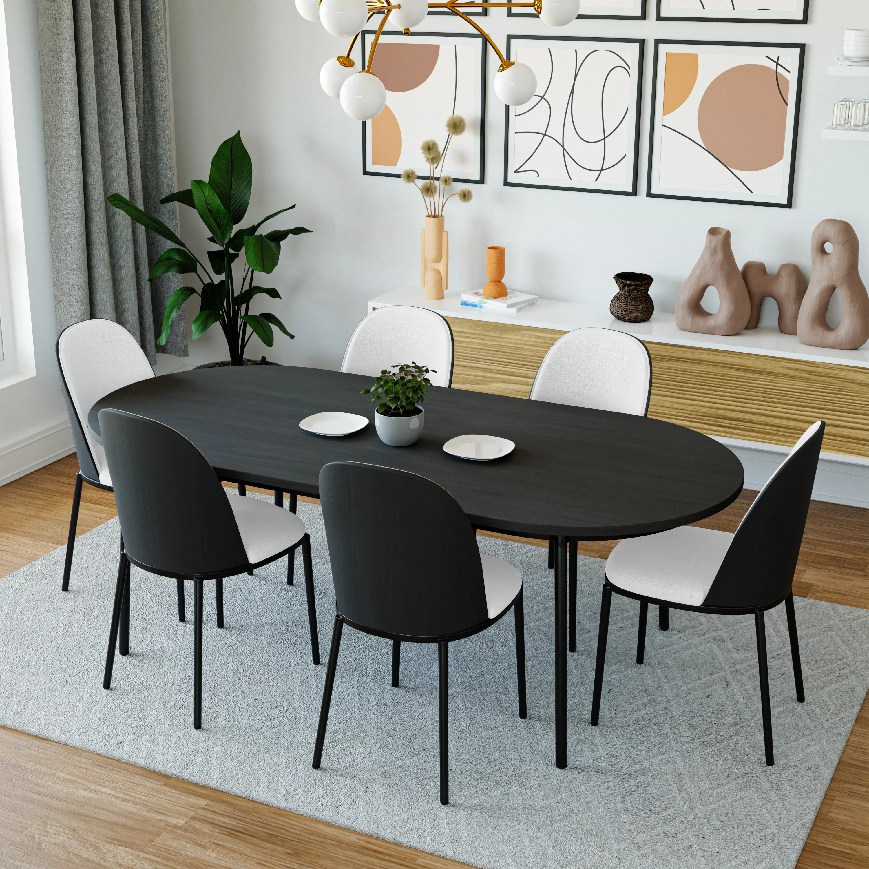 Tule Mid-Century Modern Dining Side Chair with Leather Seat and Steel Frame Set of 4