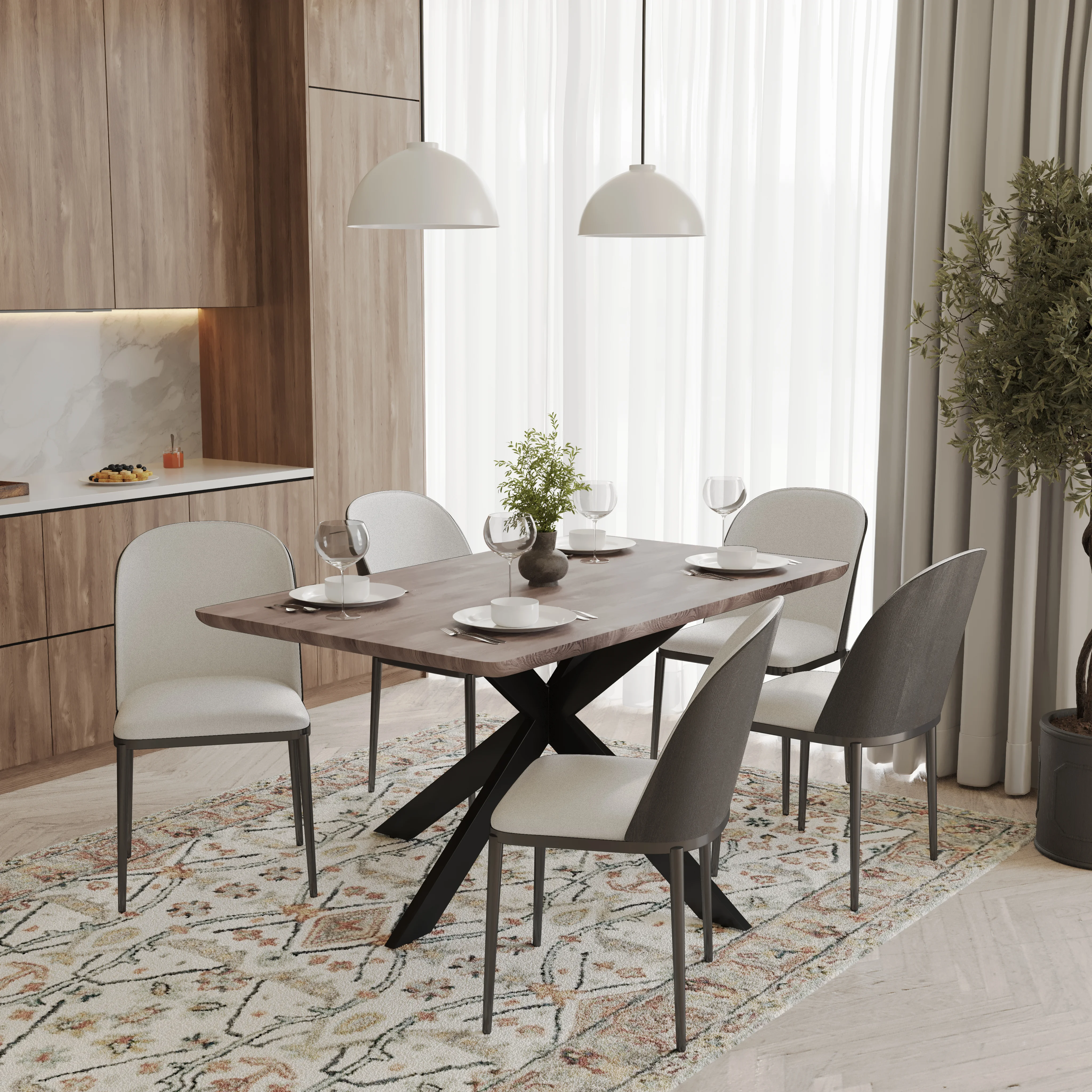 Ravenna 6-Piece Dining Set with 63" Rectangular Dining Table in Rustic Grey and 5 Leather Dining Chairs in Black/White