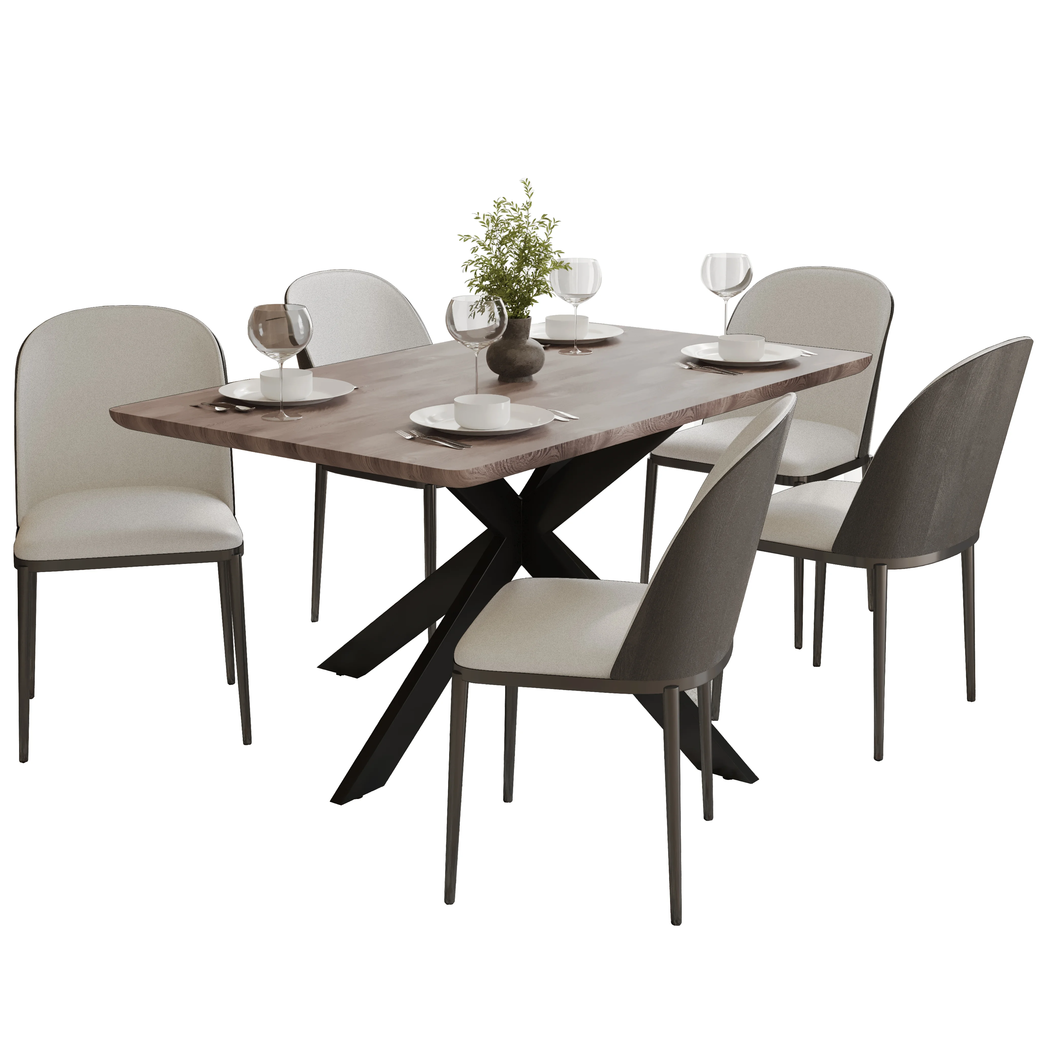 Ravenna 6-Piece Dining Set with 63" Rectangular Dining Table in Rustic Grey and 5 Leather Dining Chairs in Black/White