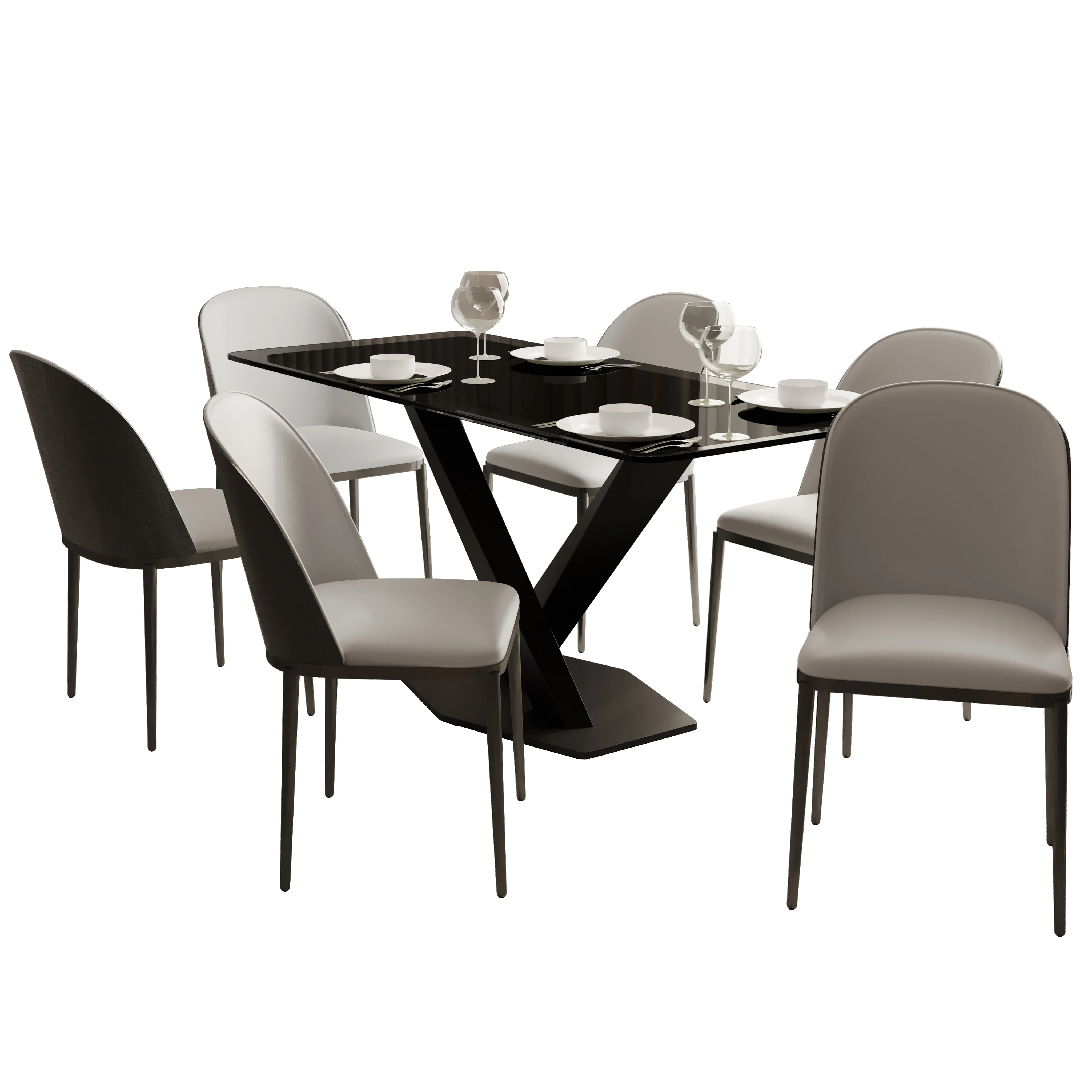 Voren 7-Piece Dining Set with 55" Rectangular Dining Table in Black Glass Top and 6 Leather Dining Chairs in Black/White