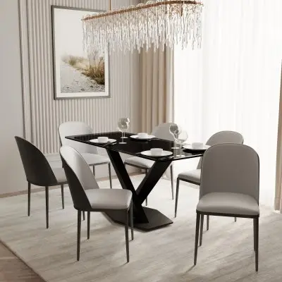 Voren 7-Piece Dining Set with 55" Rectangular Dining Table in Black Glass Top and 6 Leather Dining Chairs in Black/White