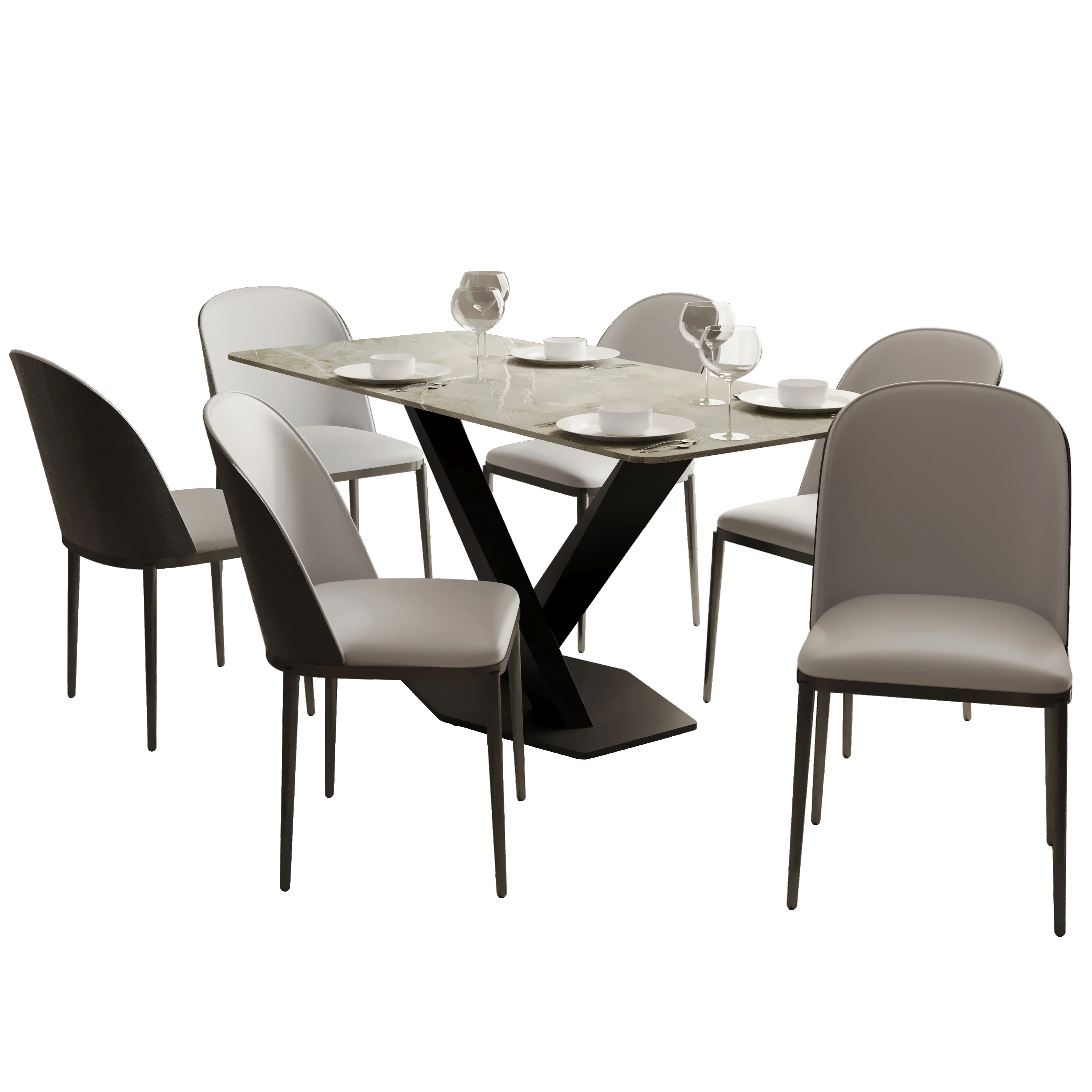 Voren 7-Piece Dining Set with 55" Rectangular Dining Table in Deep Grey Sintered Stone Top and 6 Leather Dining Chairs in Black/White