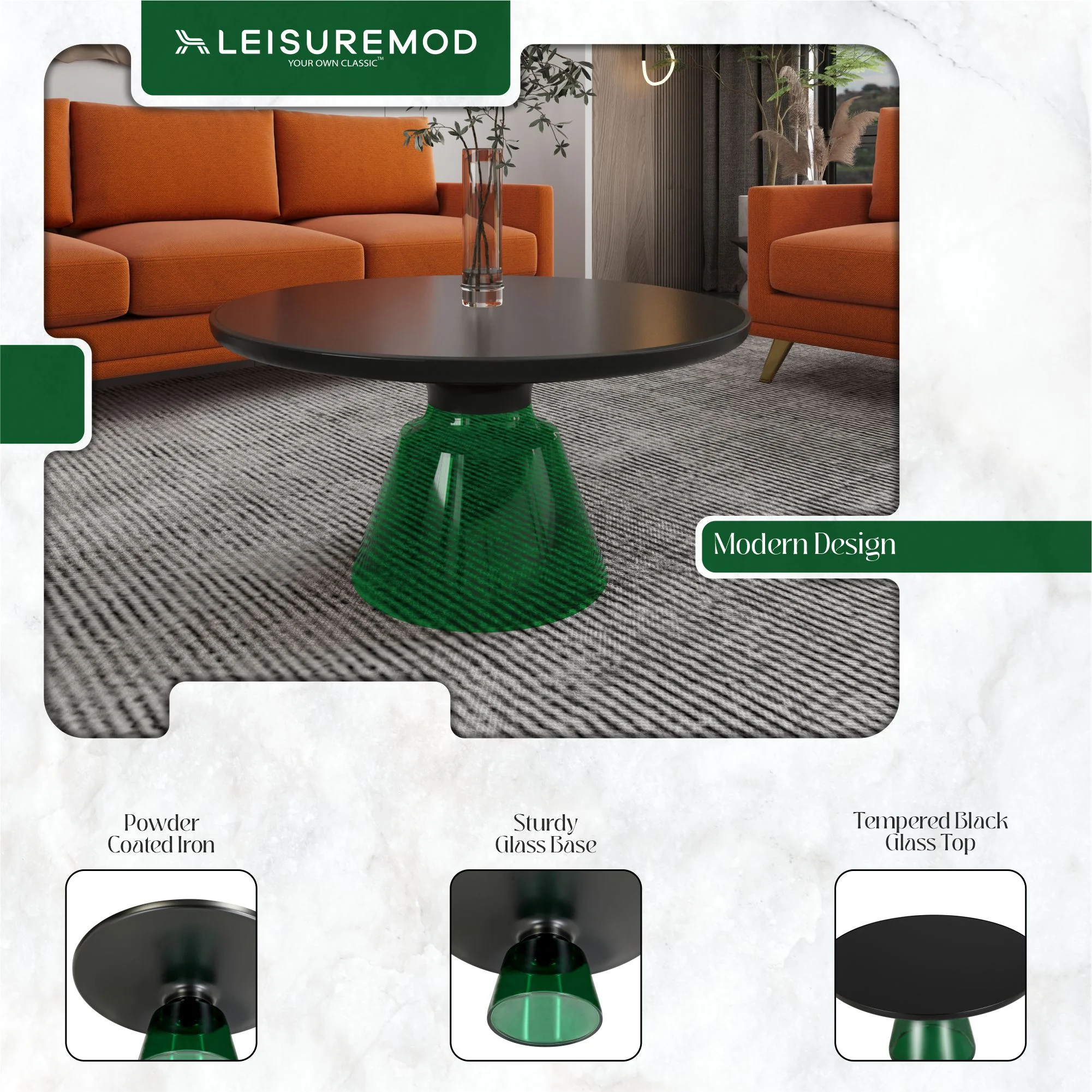 Tully Collection Glass Coffee Table Green glass, Black Rim with Black Glass top