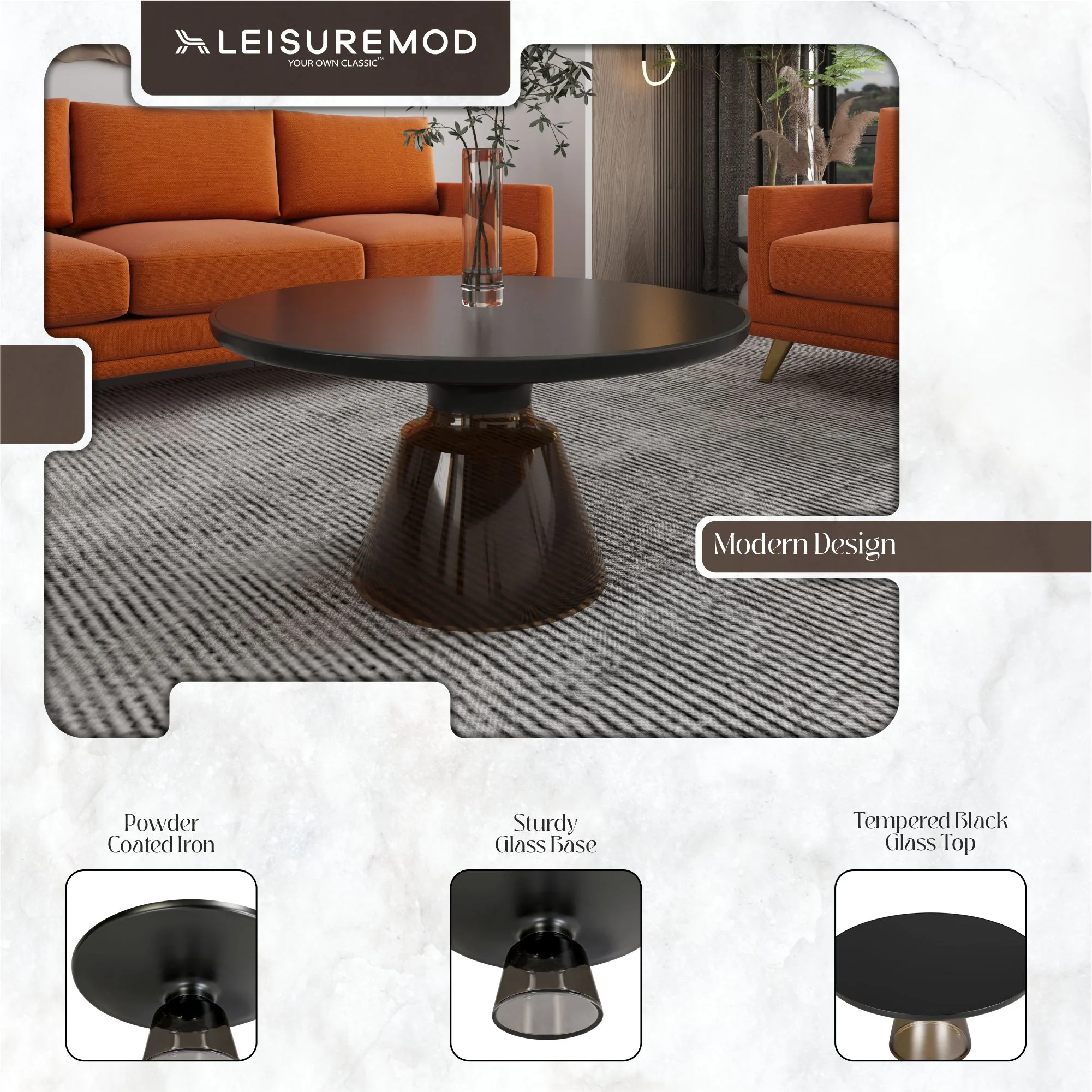 Tully Collection Glass Coffee Table Grey glass, Black Rim with Black GLass Top